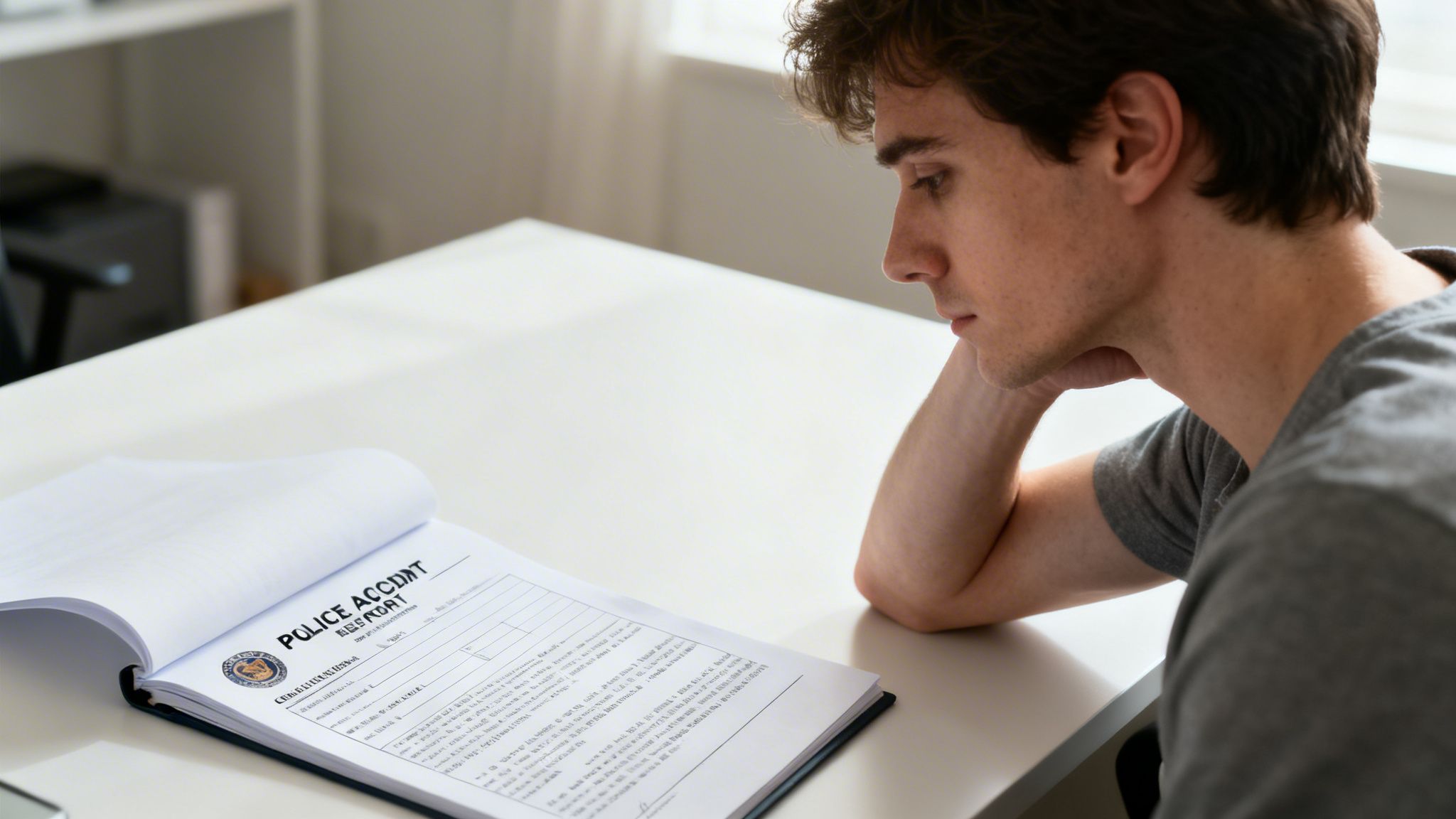 A young man sitting at a desk and thoughtfully reading a police accident report document.