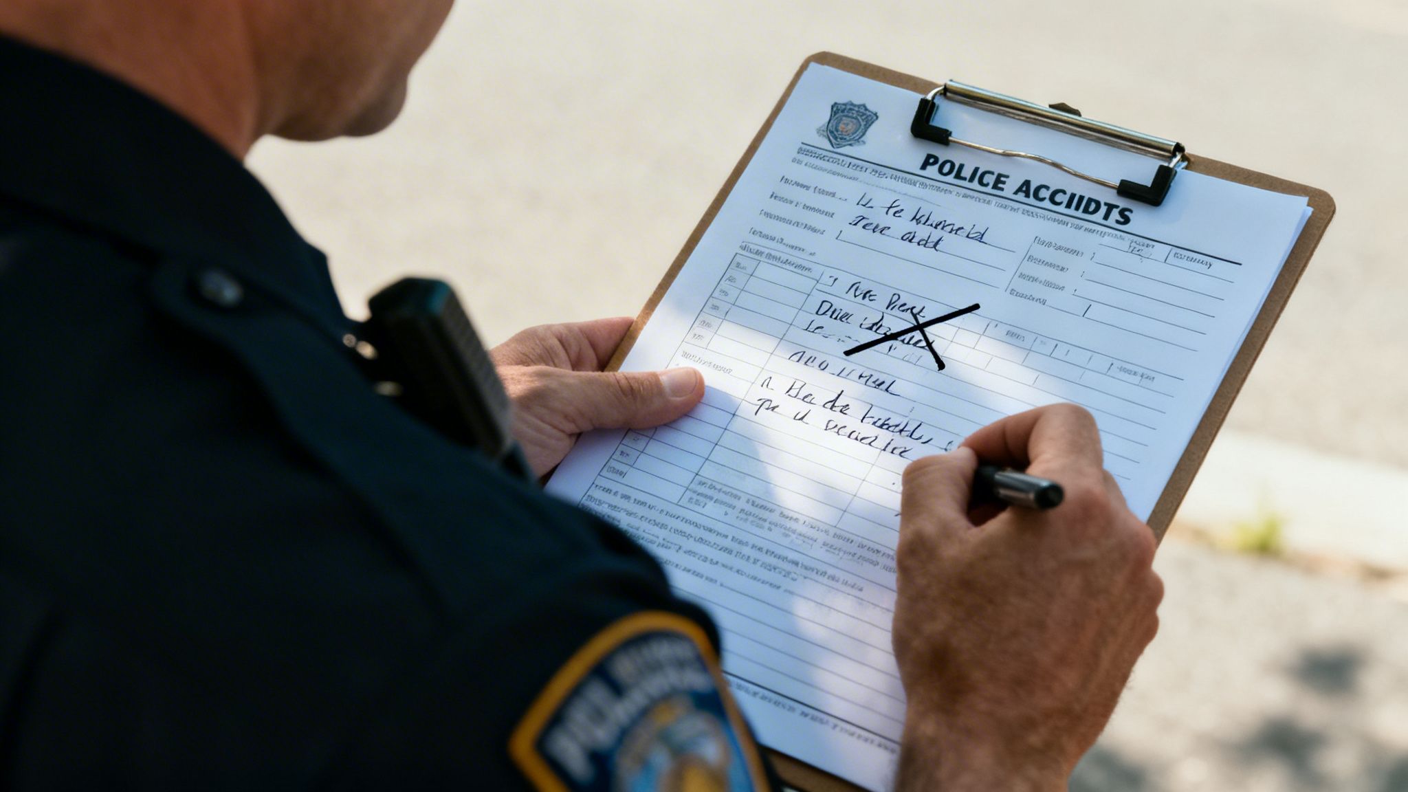 A police officer writing notes on an accident report form held on a clipboard outside.