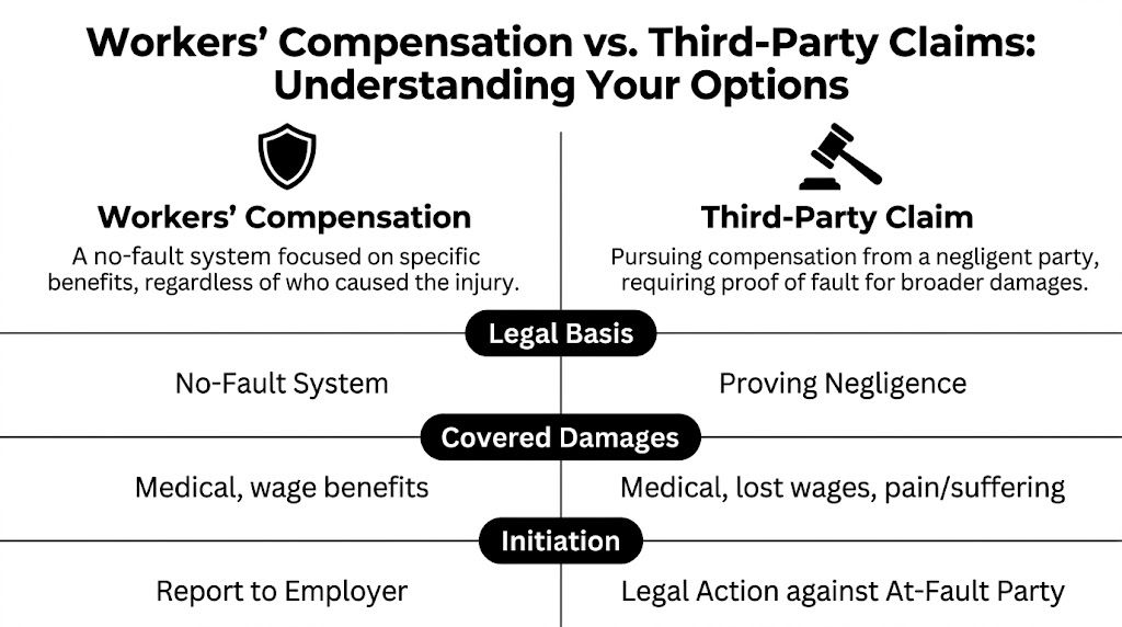 A comparison chart outlining the differences between workers' compensation and third-party legal claims for workplace injuries.
