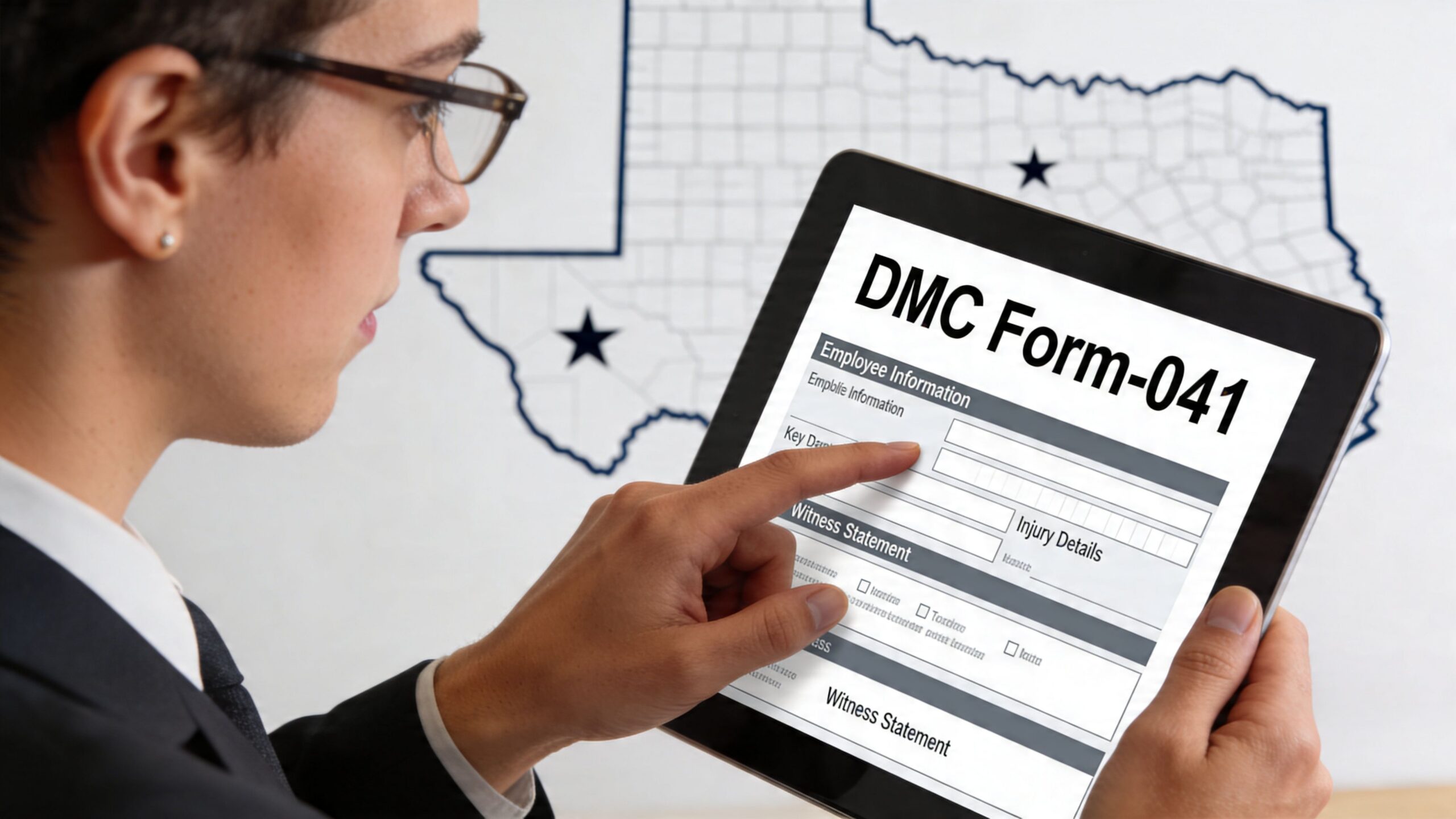 A professional in a suit reviewing an injury claim form on a digital tablet at work.