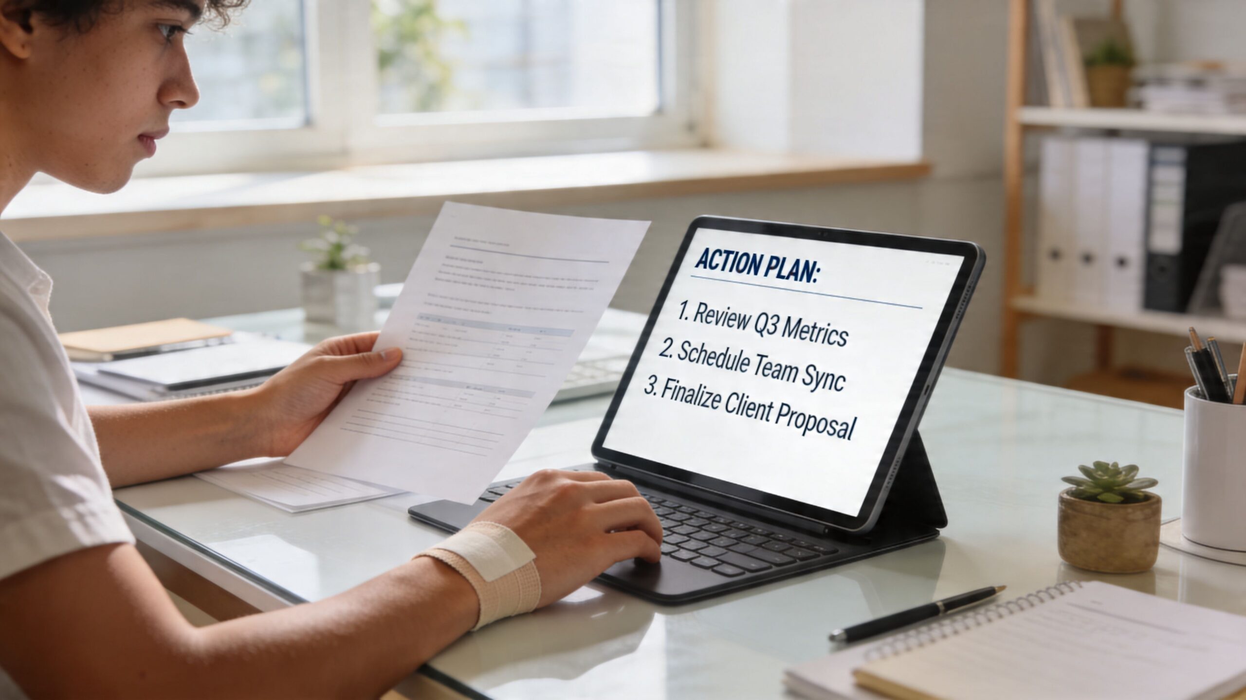 A person with a wrist bandage sitting at a desk and reviewing documents while using a tablet.