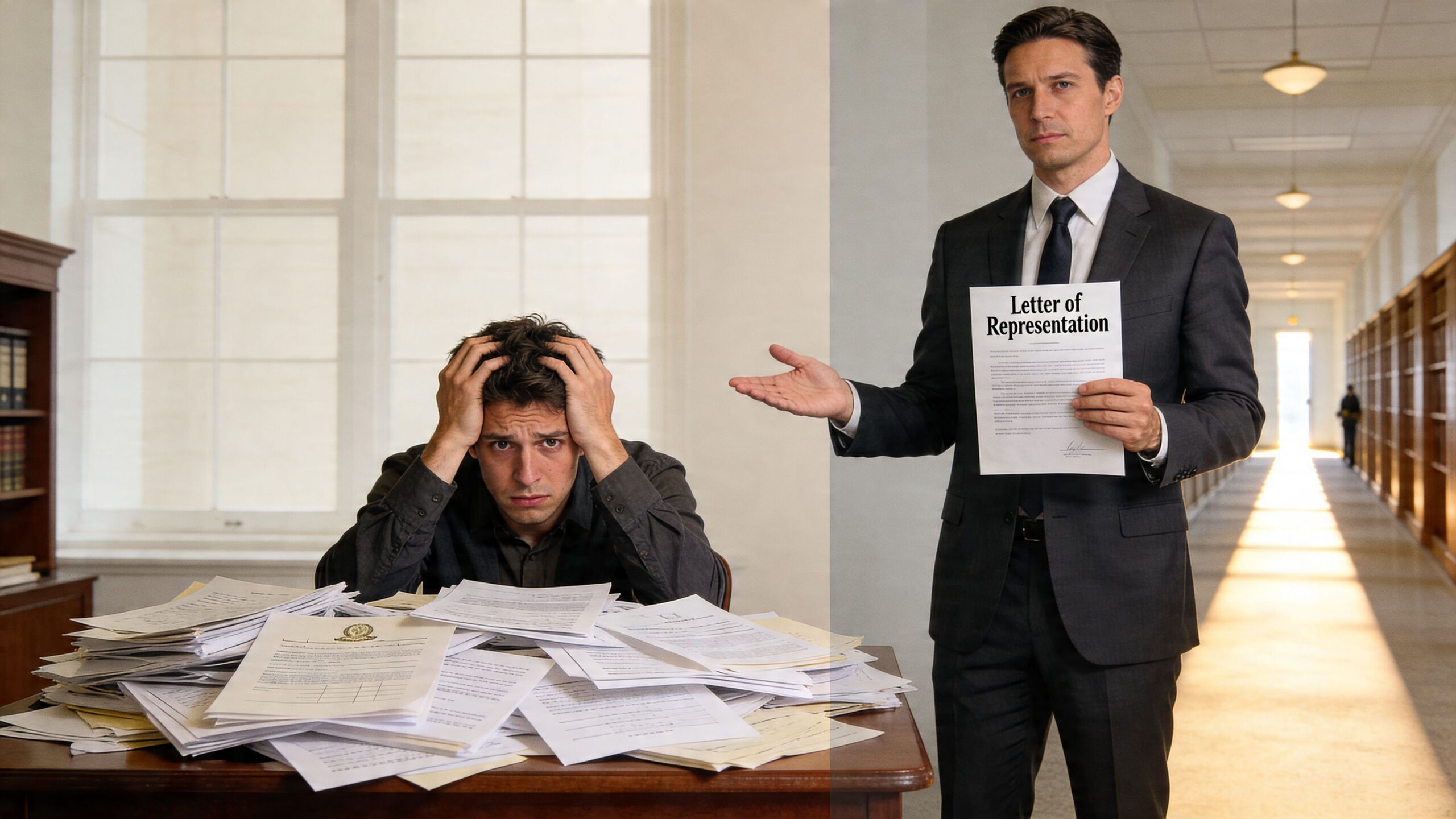 A stressed man overwhelmed by paperwork being offered a letter of representation by a professional lawyer.