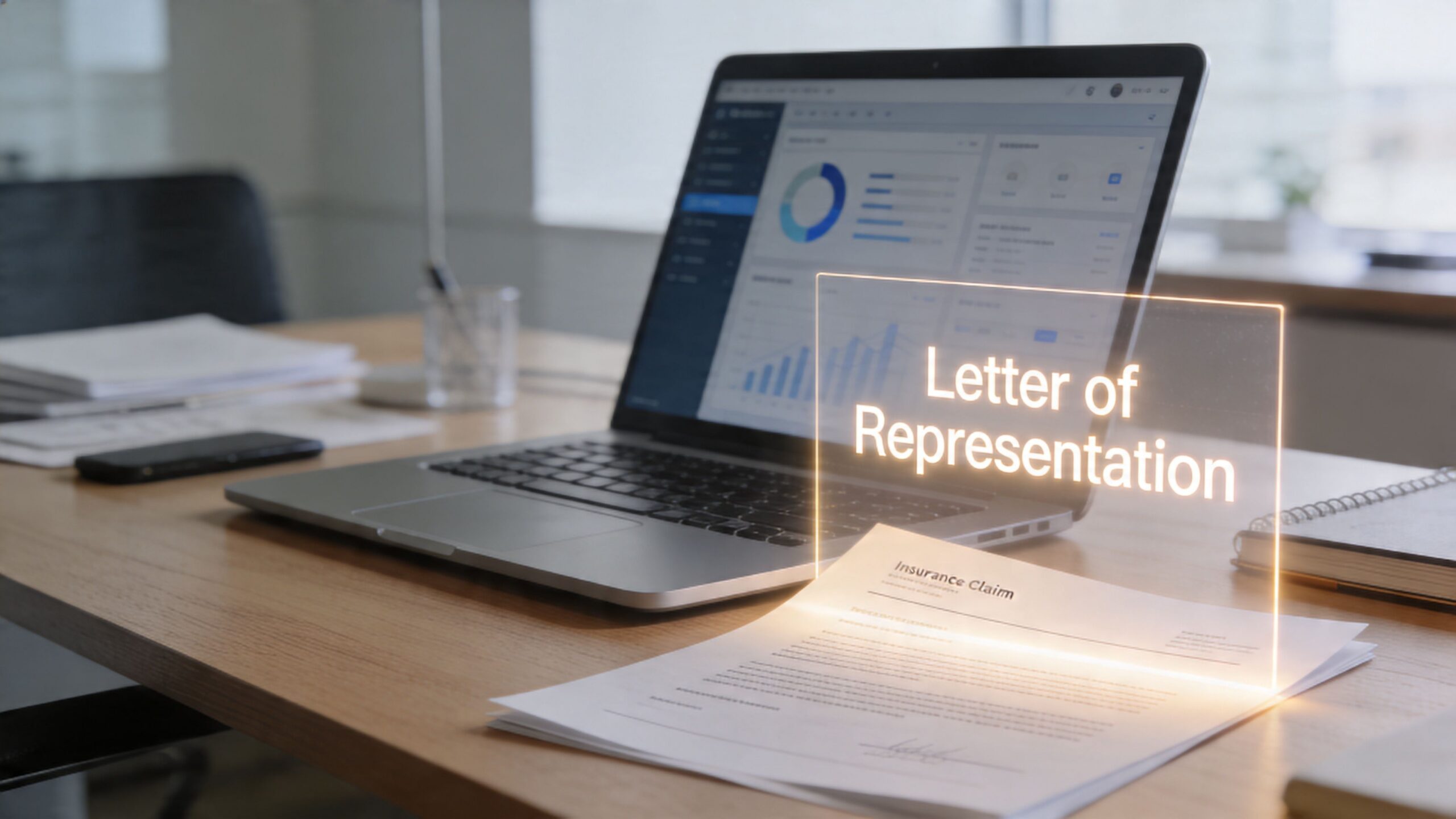 A laptop on a wooden office desk showing a digital hologram of a letter of representation document.