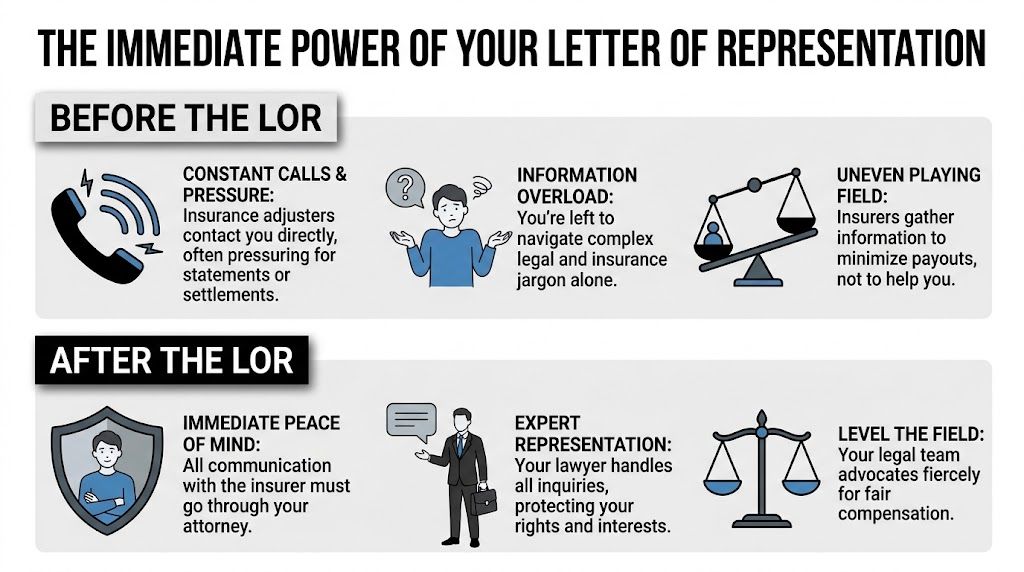 An infographic comparing the benefits of having a lawyer's letter of representation versus handling claims without one.