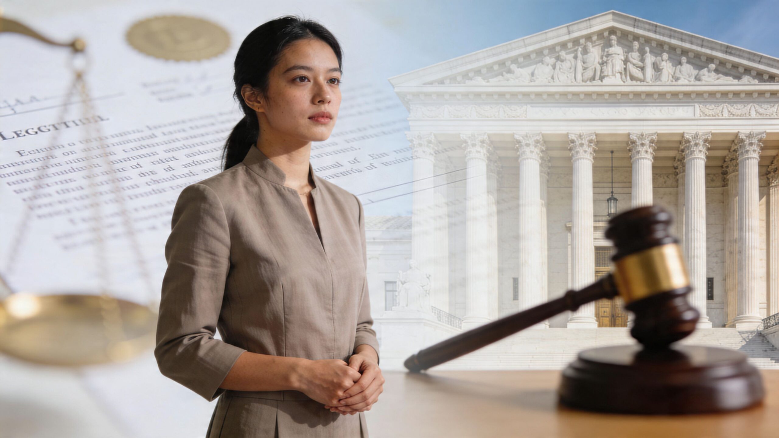 A professional woman standing in front of a Supreme Court building with a legal gavel foreground.
