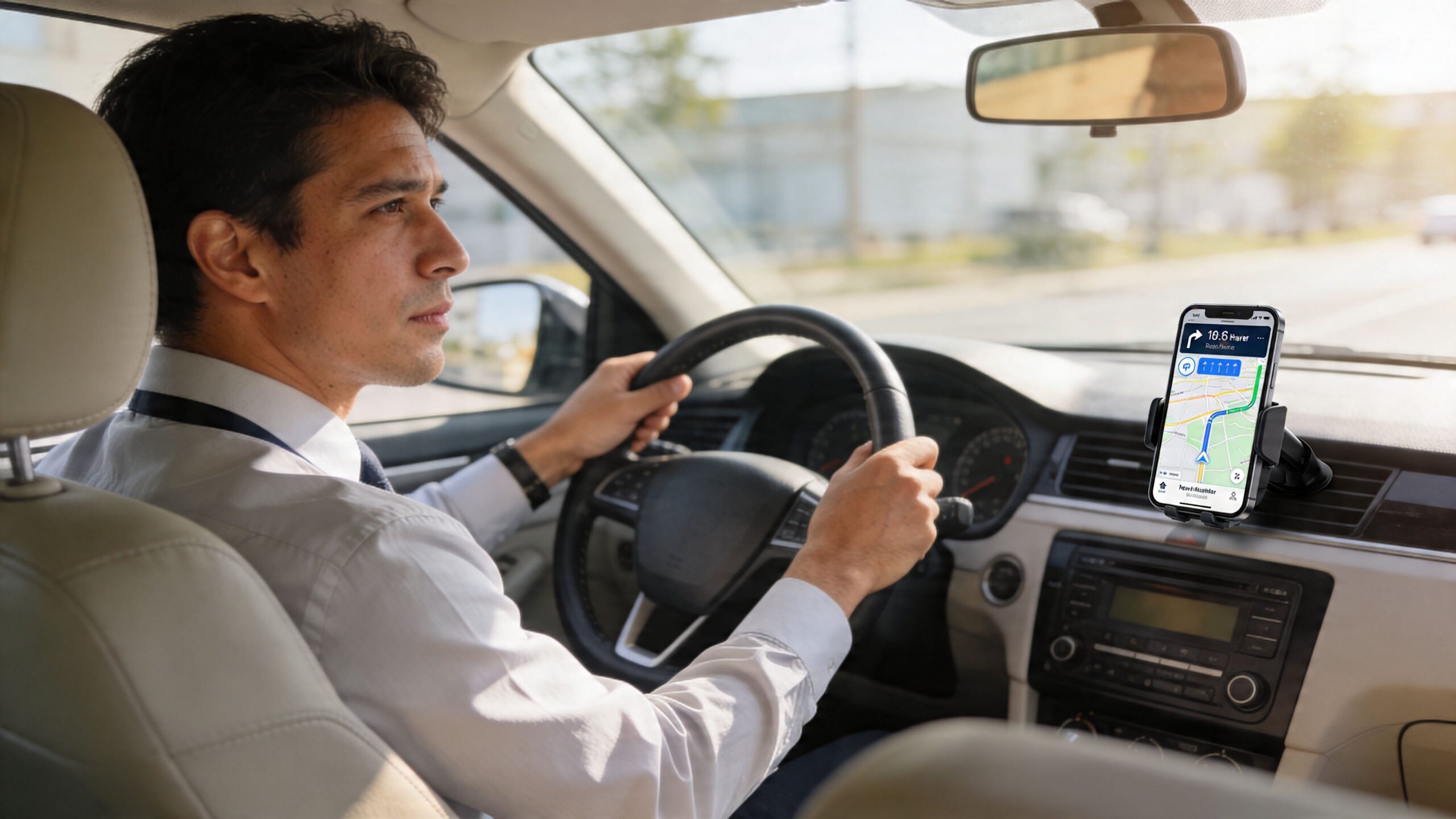 A professional man driving a car with a smartphone mounted on the dashboard showing a GPS navigation route.