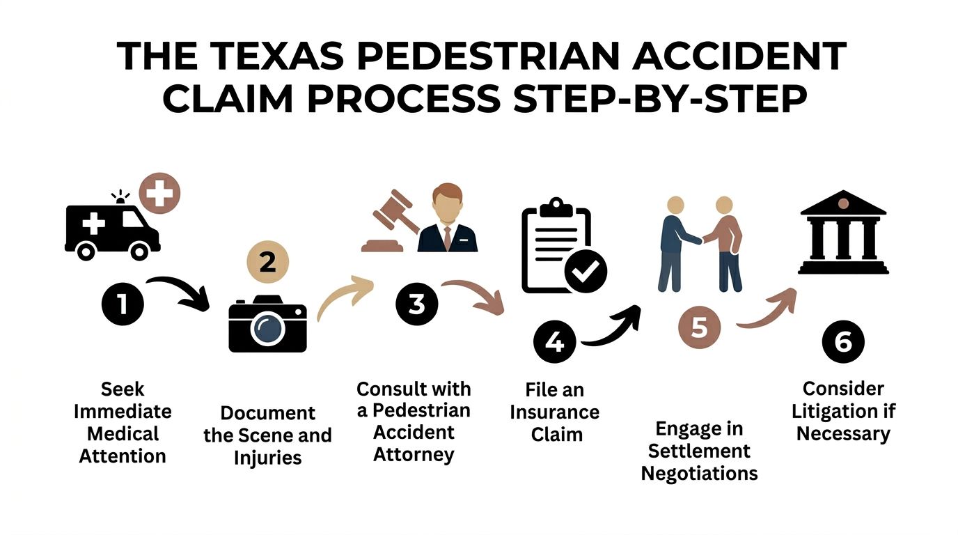 A six-step infographic illustrating the legal process for filing a pedestrian accident claim in Texas.