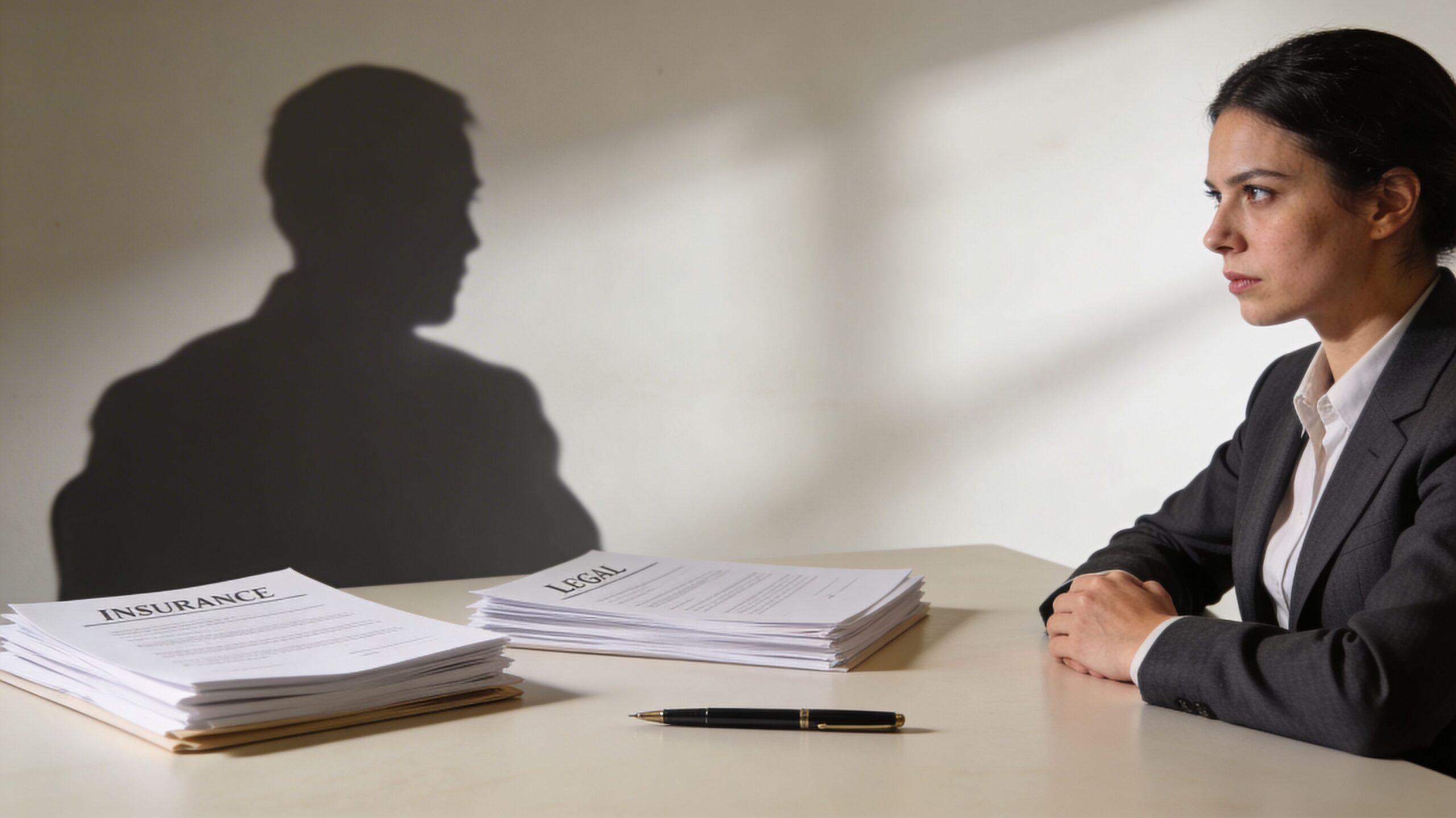 A businesswoman sitting at a desk with legal and insurance documents looking at a shadow figure.