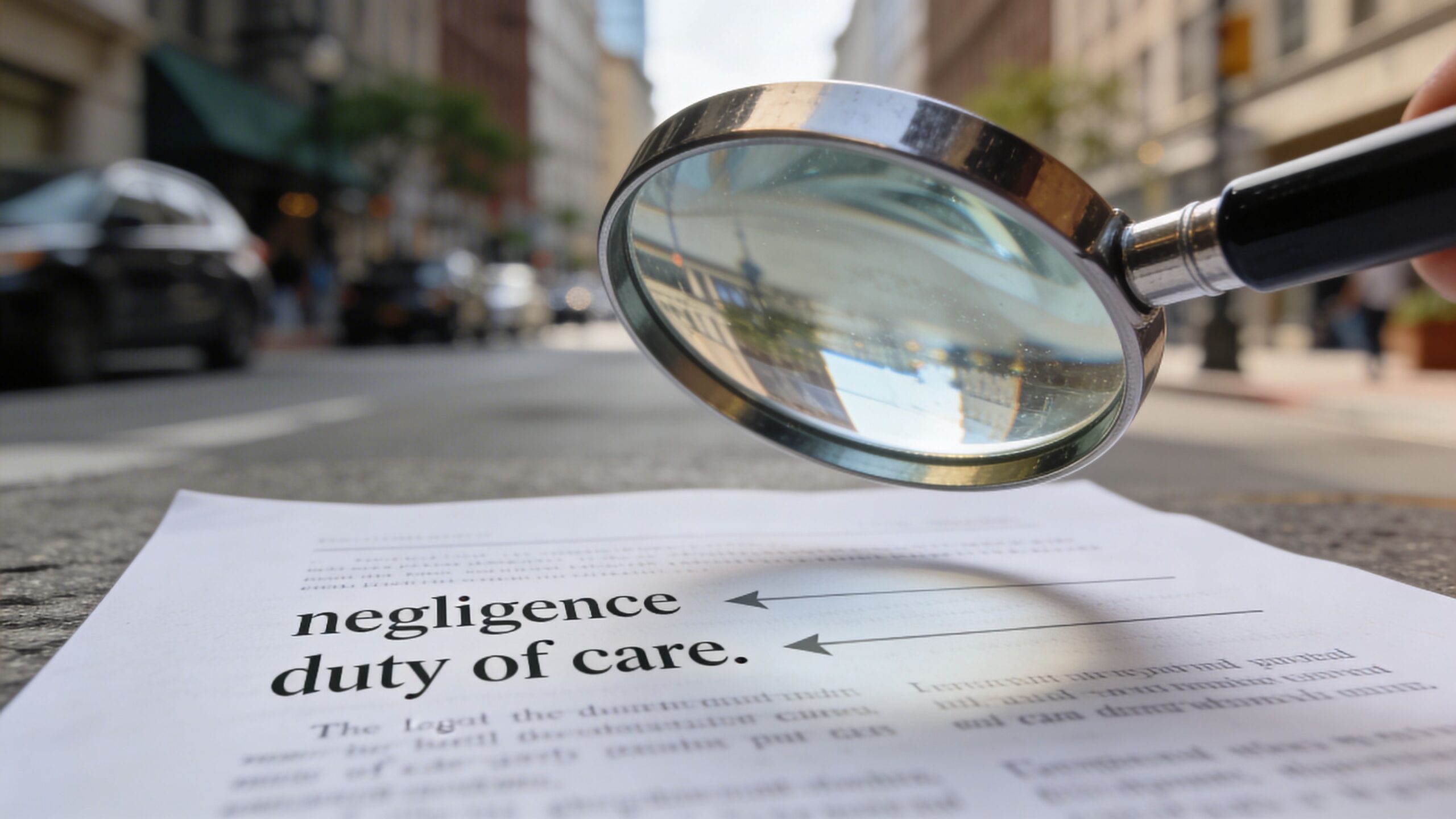A magnifying glass held over a legal document emphasizing the concepts of negligence and duty of care.