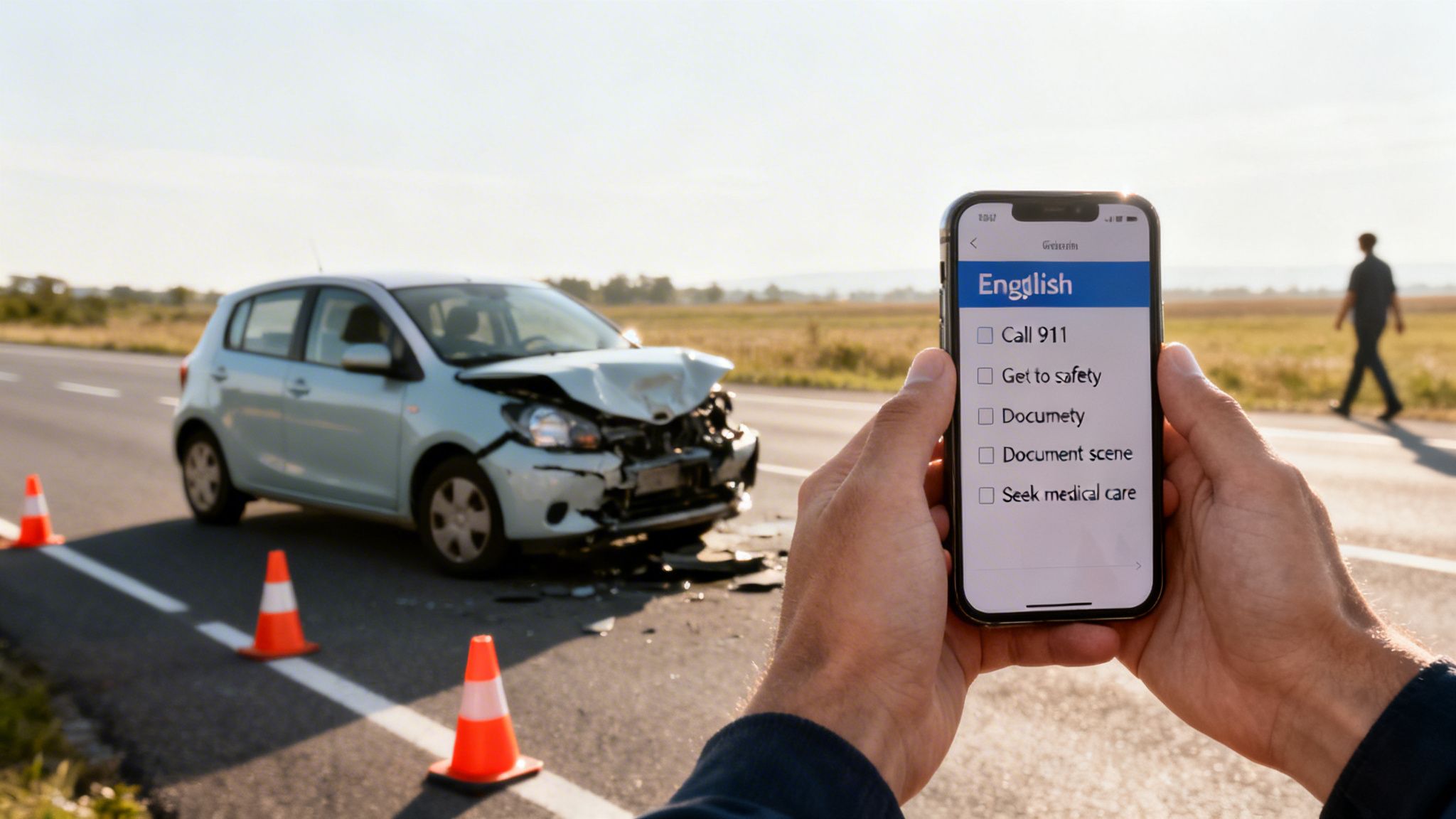 Person holding smartphone with accident checklist, a crashed car and cones on a sunny road.