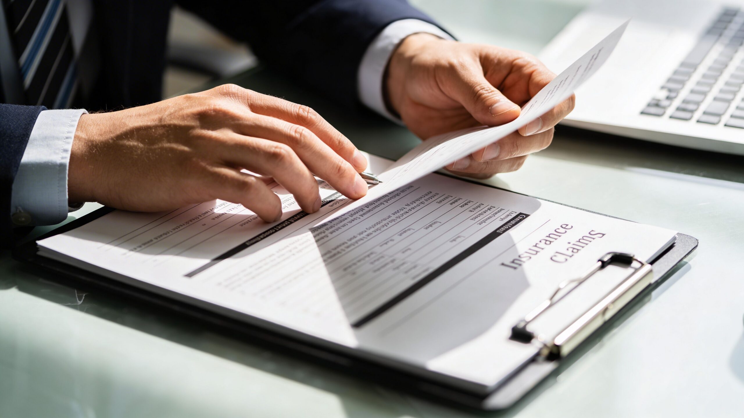 A professional man in a suit holding and reviewing insurance claim documents on a clipboard at his desk.