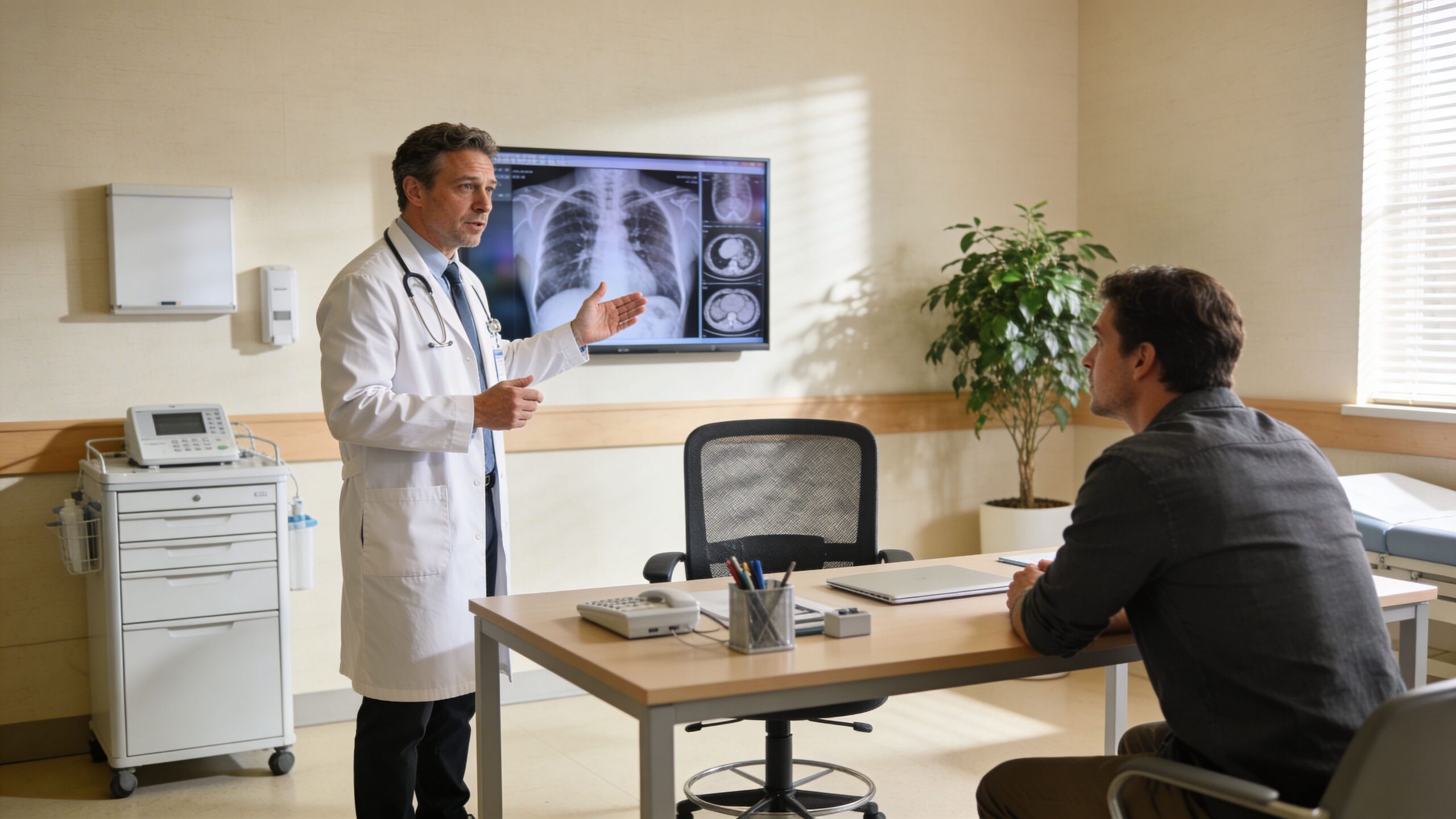 A male doctor standing in an office and explaining medical results on a monitor to a patient.
