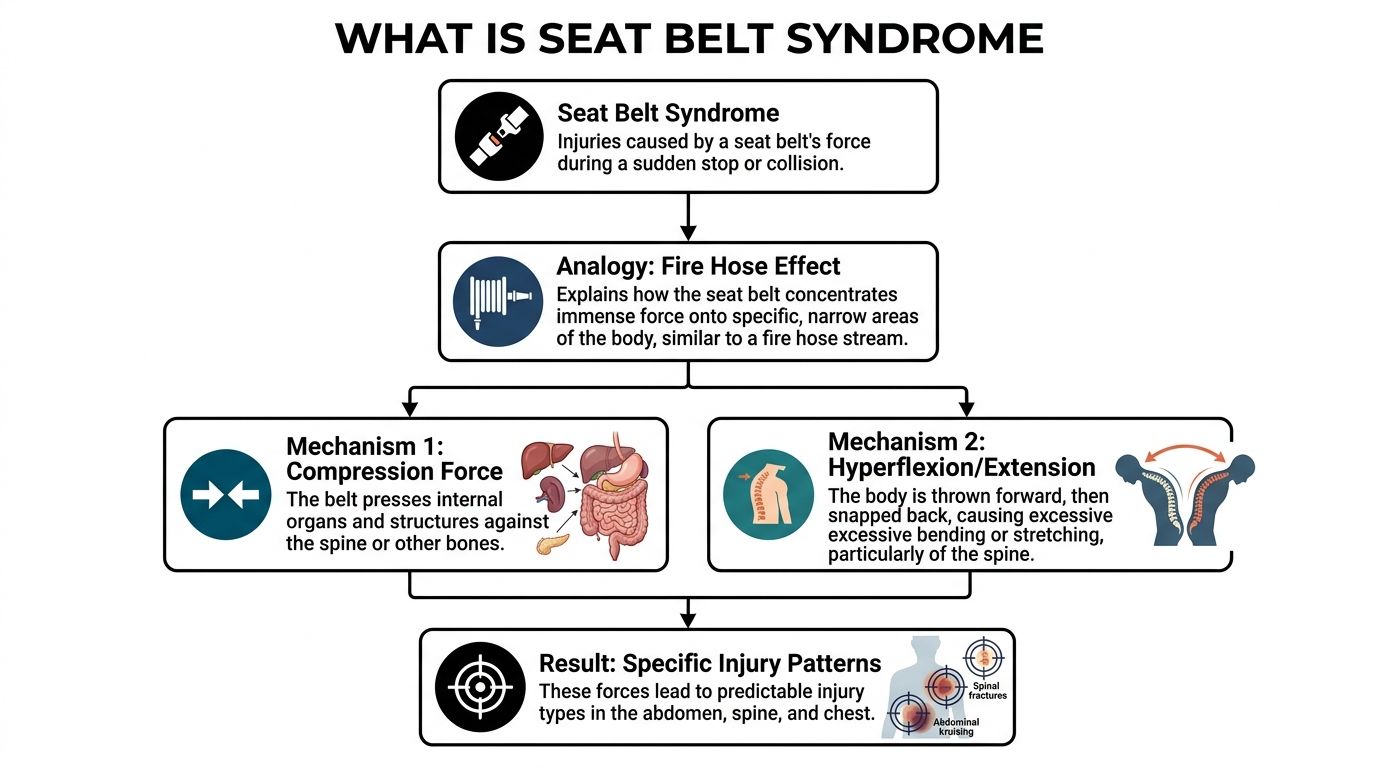 A flowchart infographic explaining the mechanisms of seat belt syndrome injuries, including compression forces and hyperflexion.