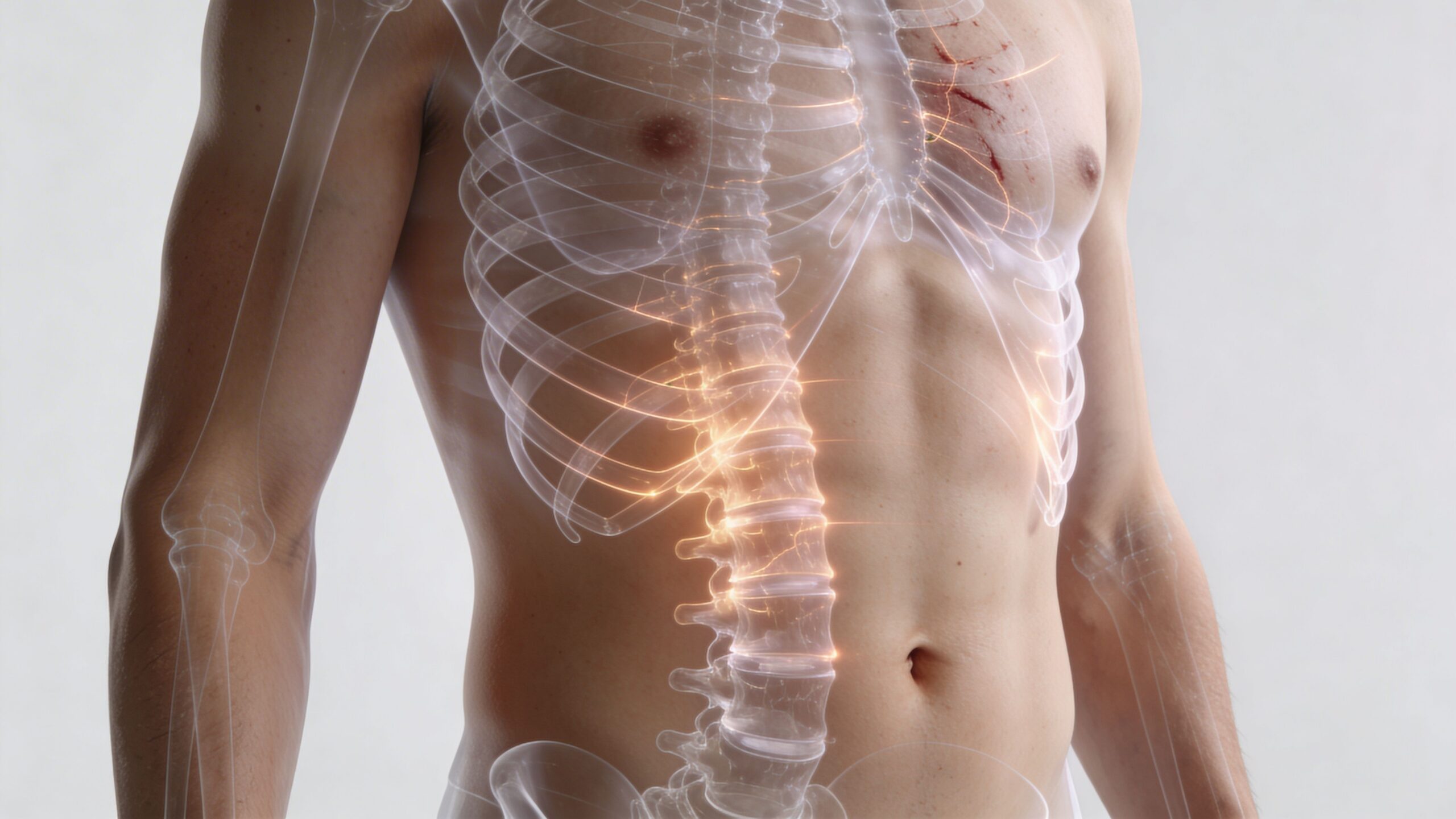 A 3D medical illustration highlighting spinal and thoracic injuries related to seat belt syndrome trauma.