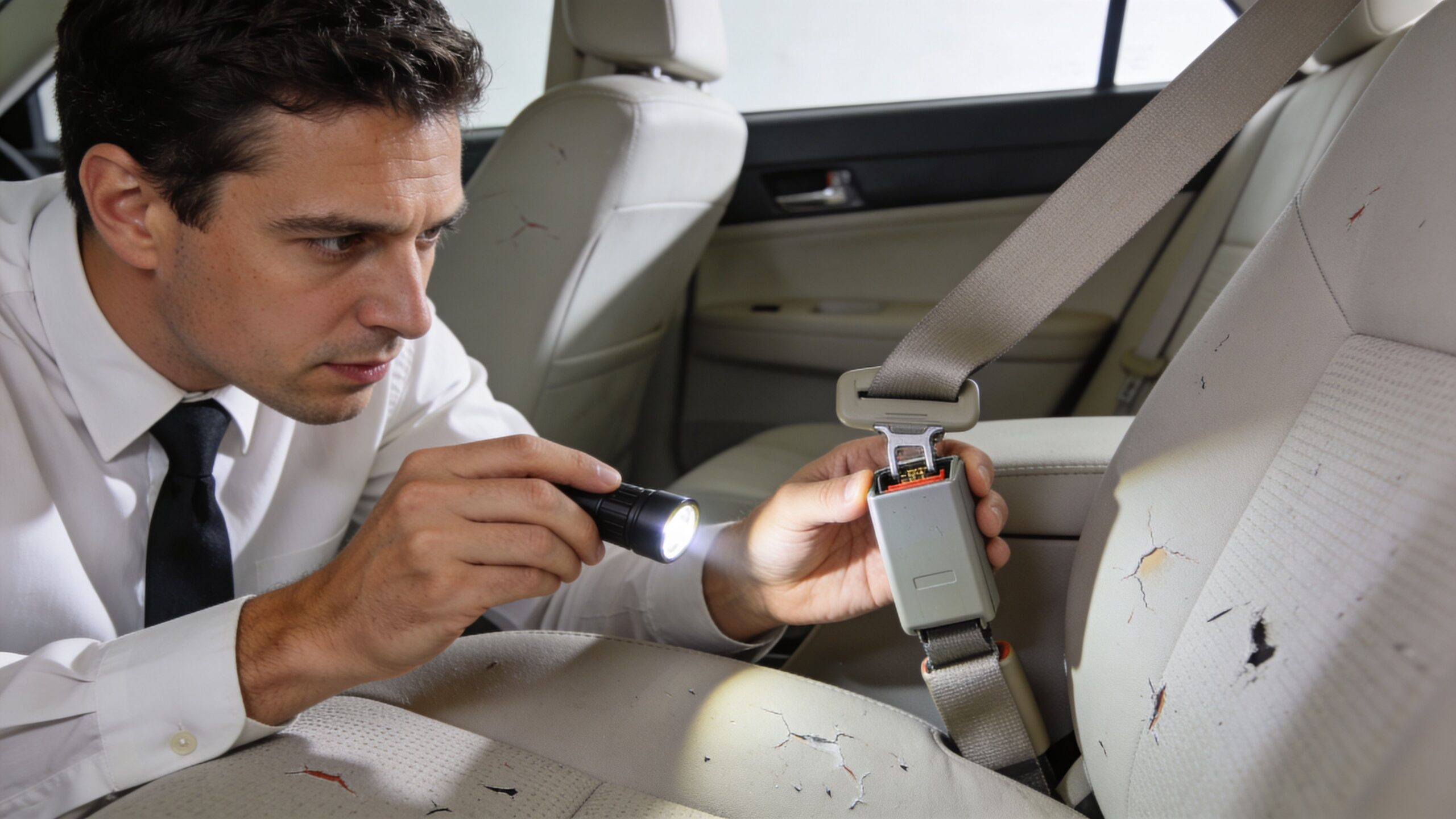 A professional car inspector examining a car seat belt buckle and damaged upholstery with a flashlight.