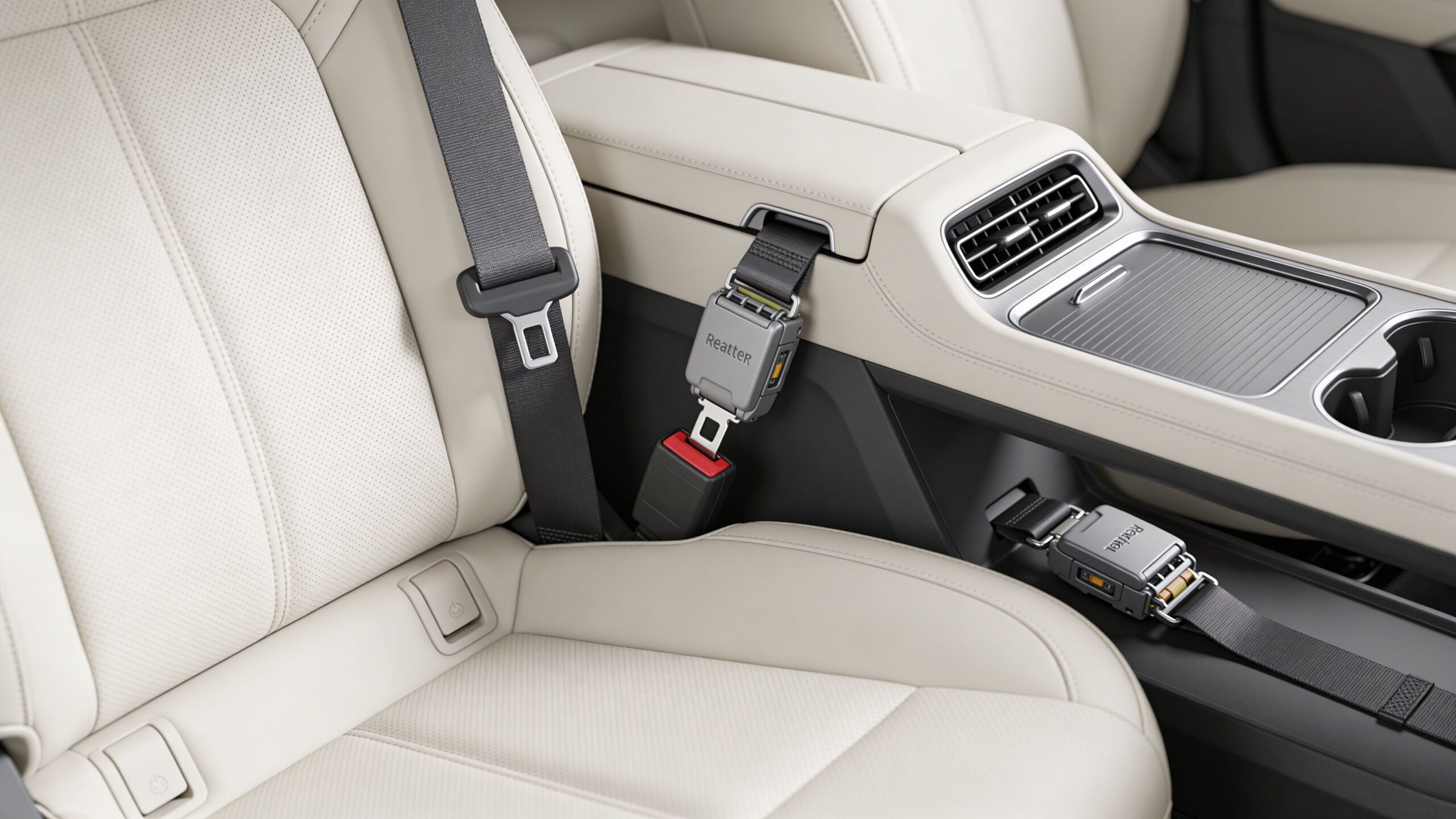 A close-up view of car seat belt pretensioners installed in the interior of a luxury vehicle.