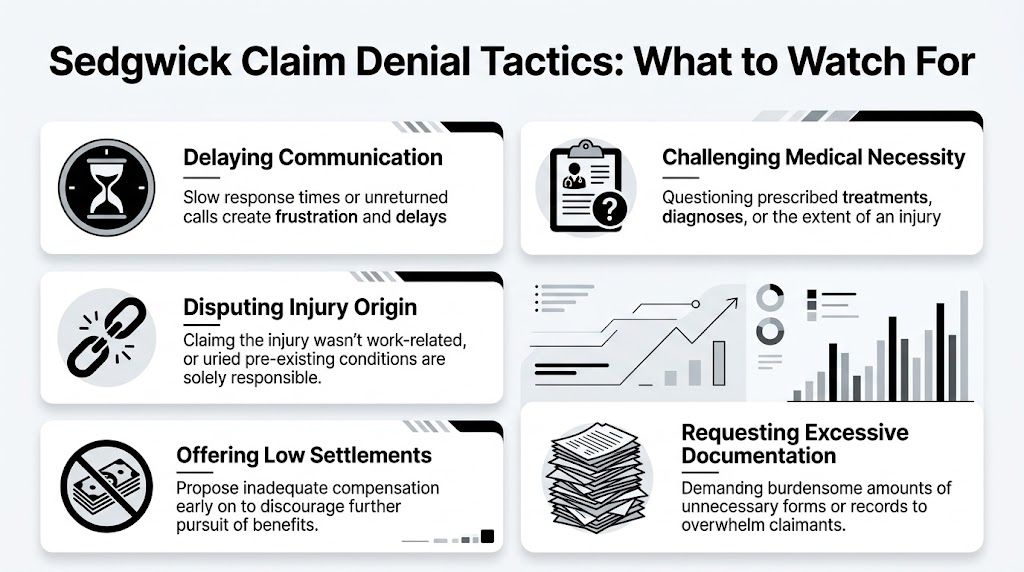 An infographic titled Sedgwick Claim Denial Tactics highlighting methods like delaying communication and challenging medical necessity.