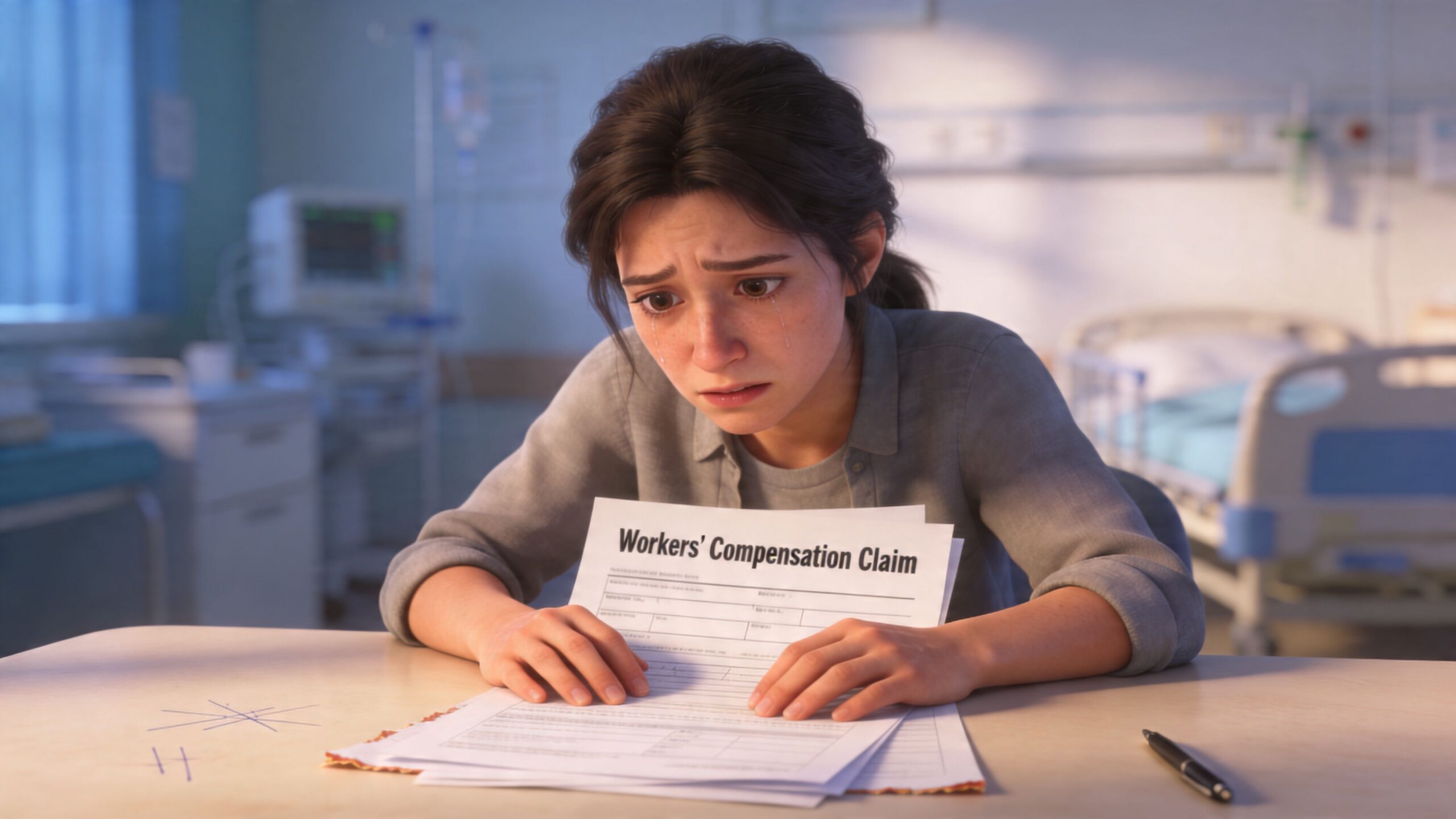 A distressed woman in a hospital setting looking down at a Workers' Compensation Claim form with tears.
