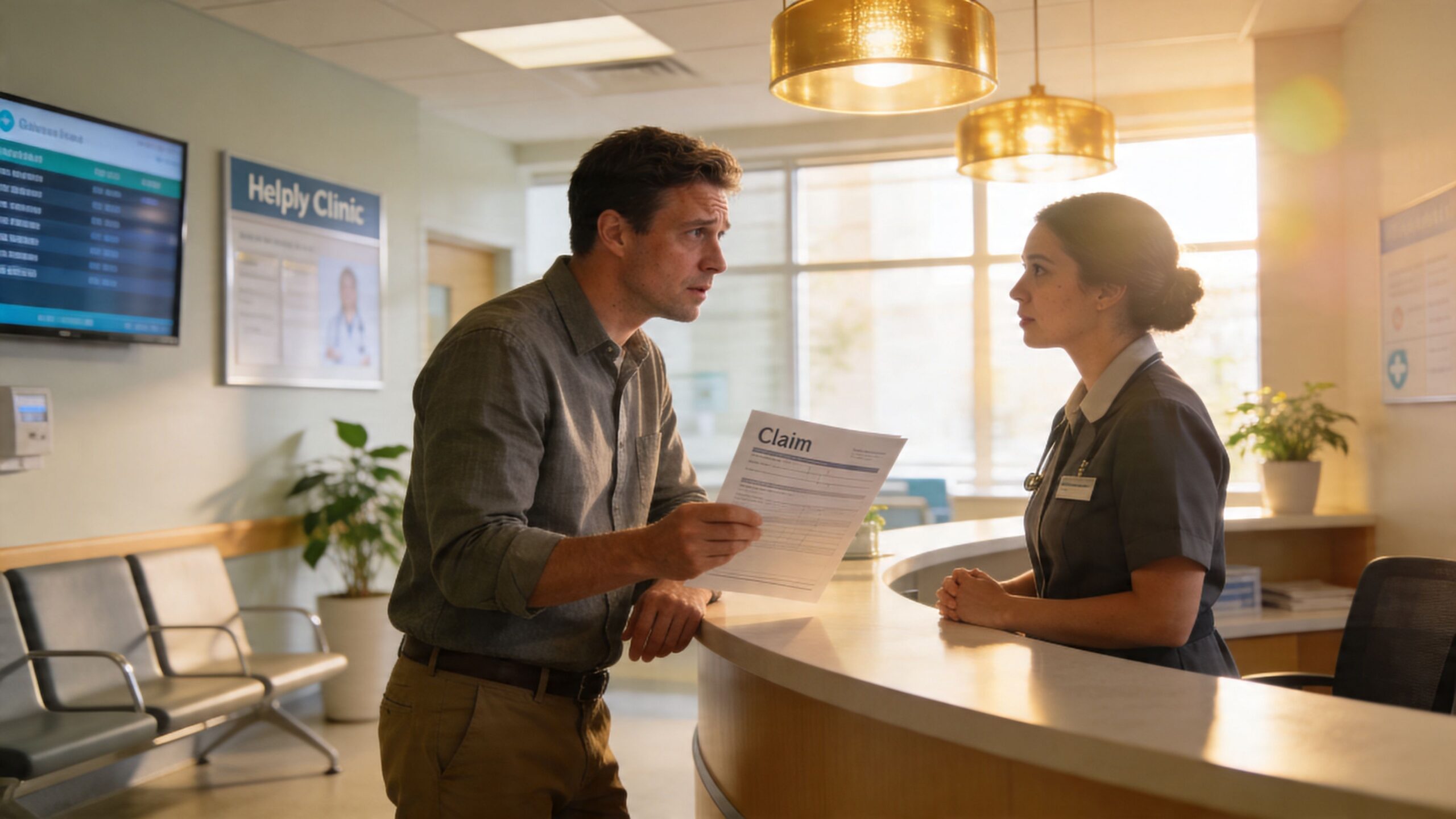 A concerned man presents a medical claim form to a clinic receptionist at the front desk counter.