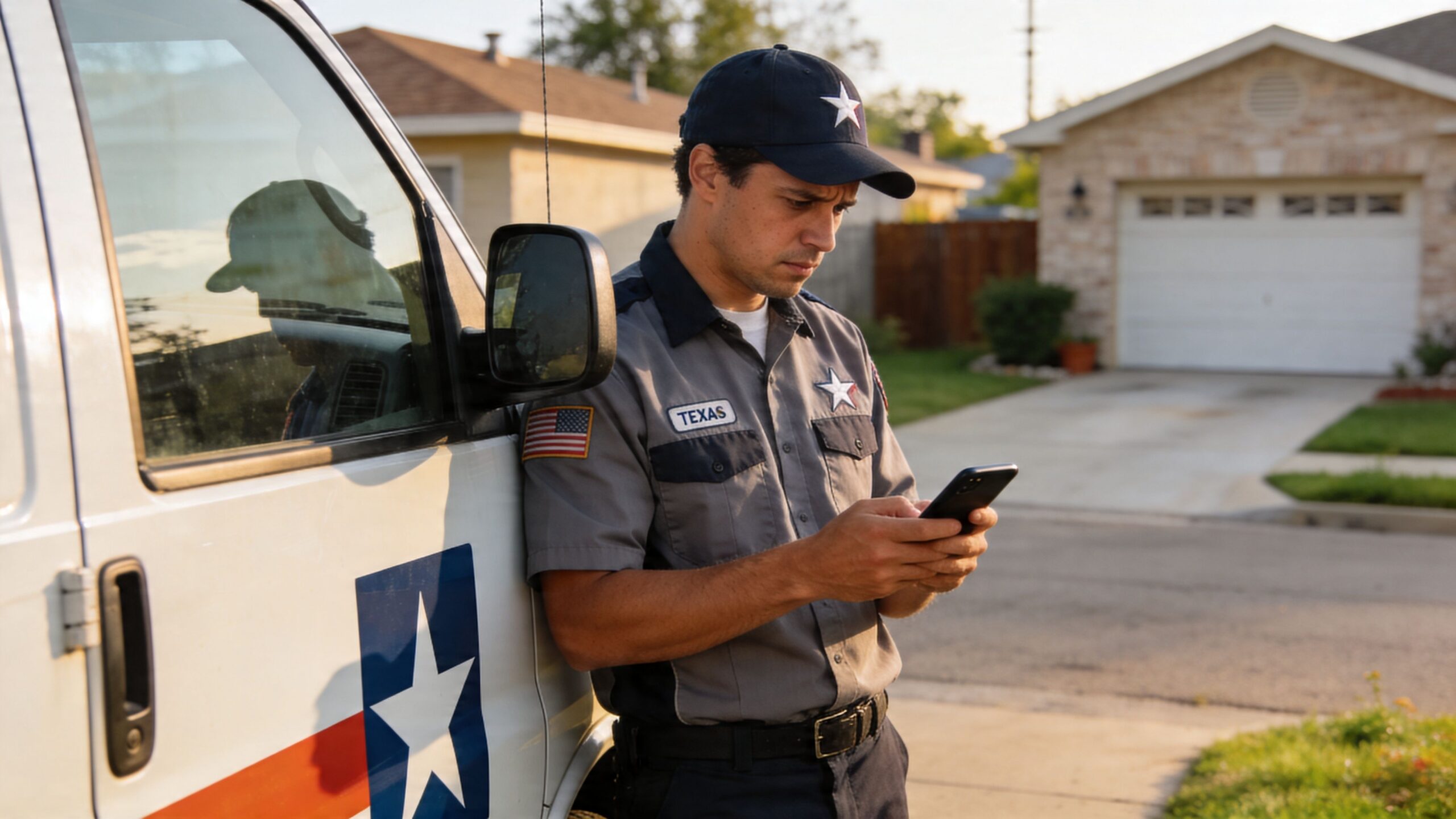A professional service worker in a uniform leaning against a work van while checking his mobile phone.