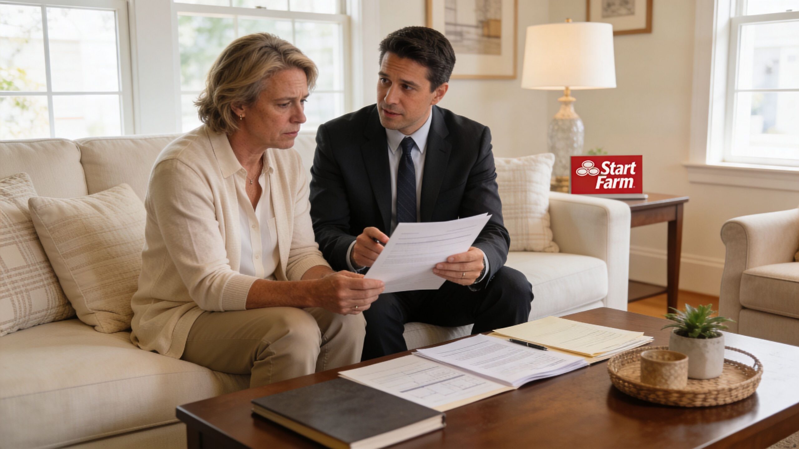 An insurance agent discusses a document with a woman in a living room during the claims process.