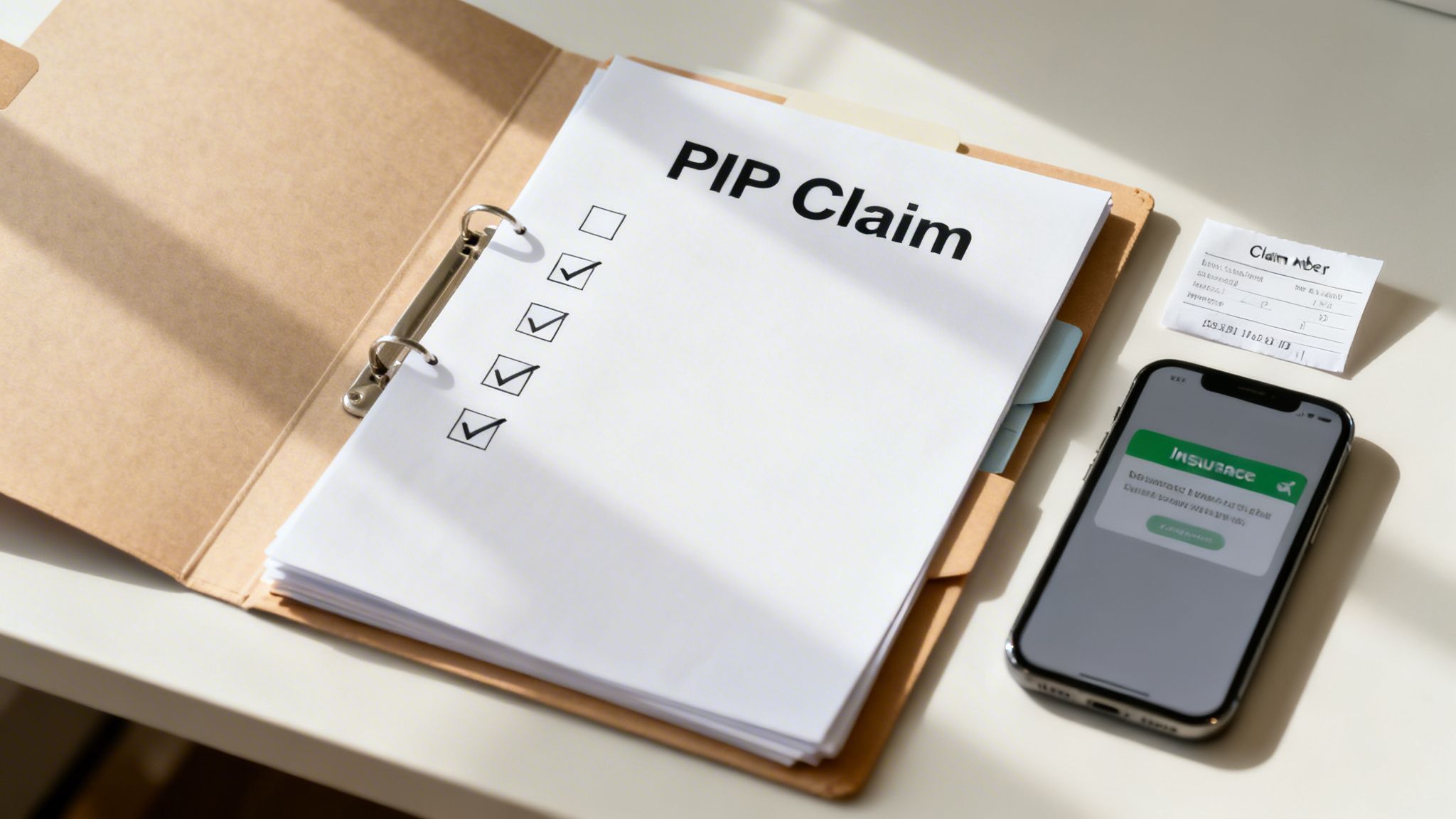 A PIP Claim document in a binder, a smartphone with an insurance app, and a claim number slip on a desk.