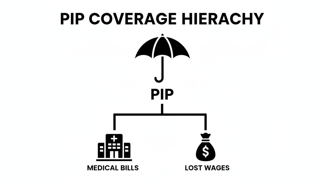 A diagram showing PIP (Personal Injury Protection) coverage hierarchy, covering medical bills and lost wages.