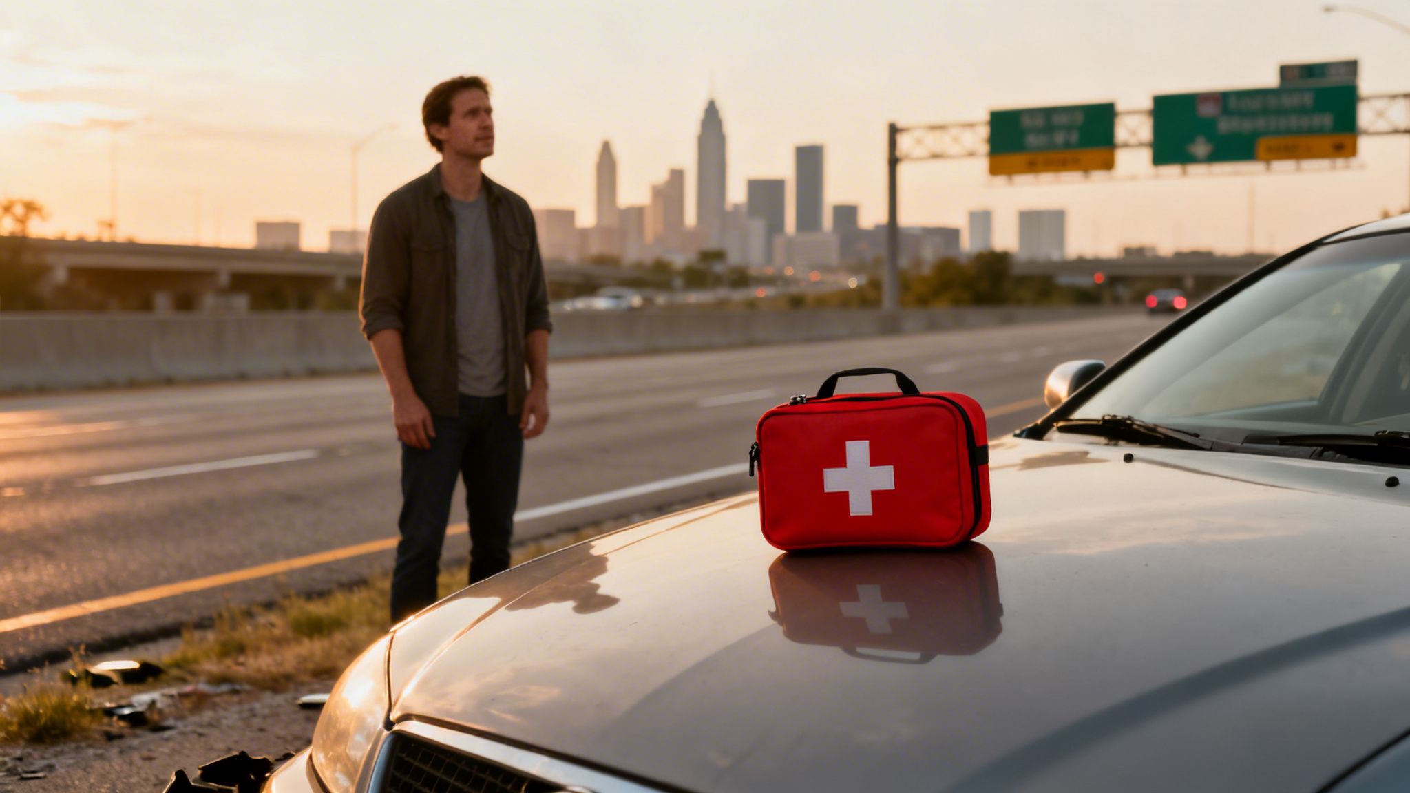 Man stands beside his broken-down car on a highway, with a first aid kit on the hood.