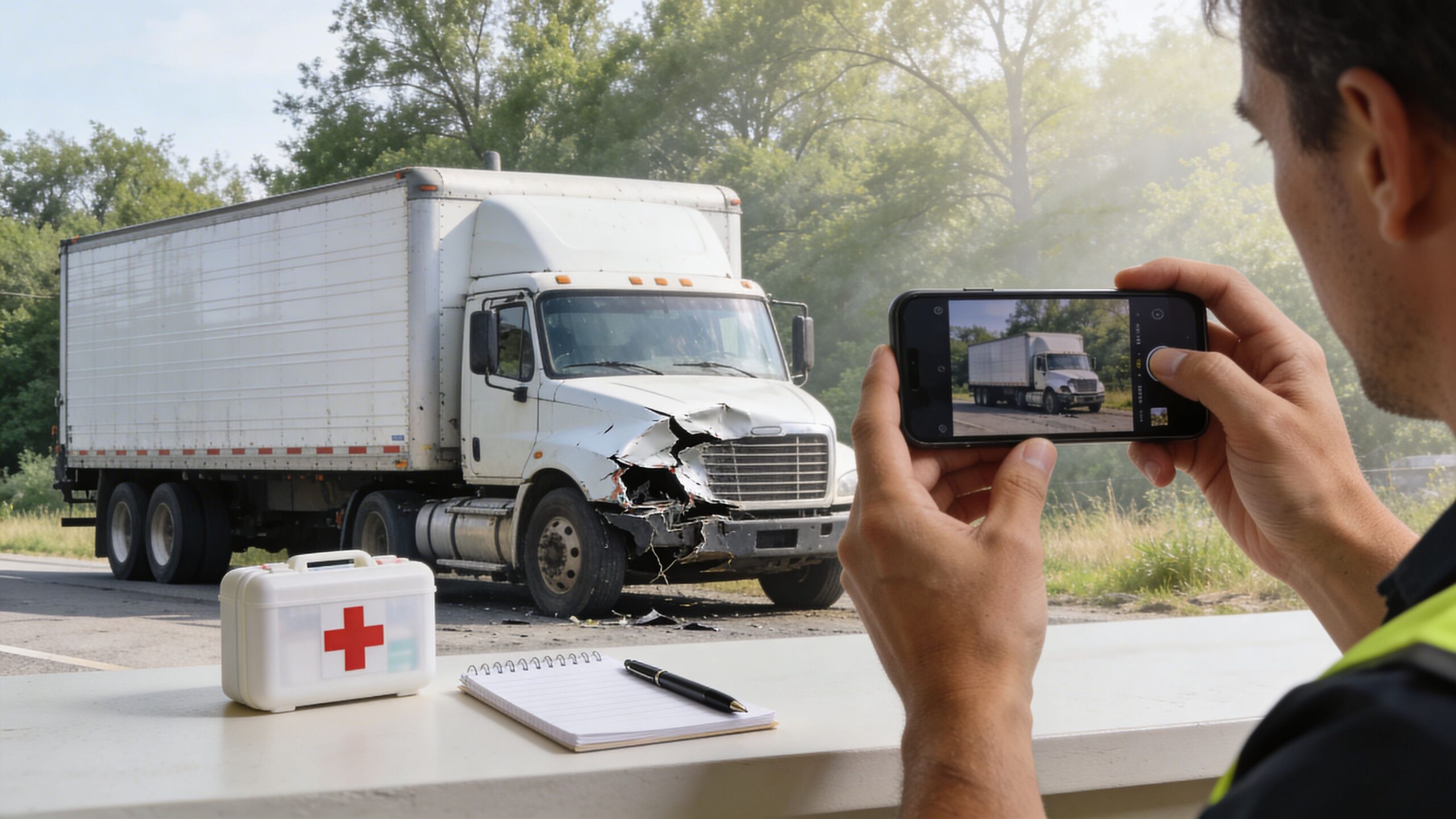 A professional emergency responder takes photos of a damaged white semi-truck at an accident scene.