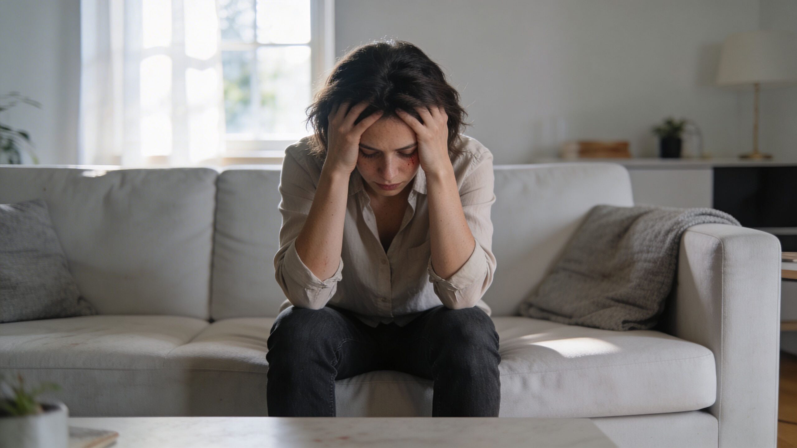 A distressed woman sitting on a white sofa with visible facial injuries after an accident.