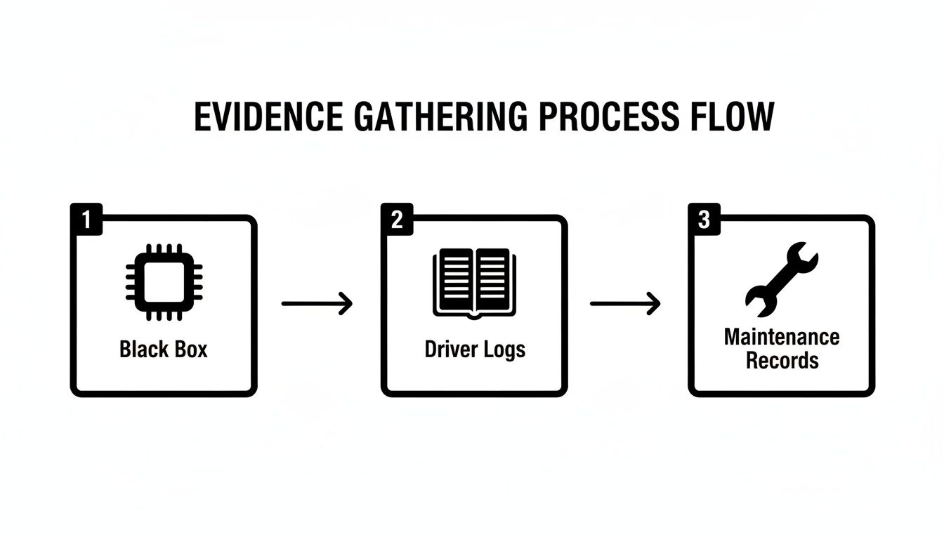 Flowchart showing three steps of evidence gathering: Black Box, Driver Logs, and Maintenance Records.