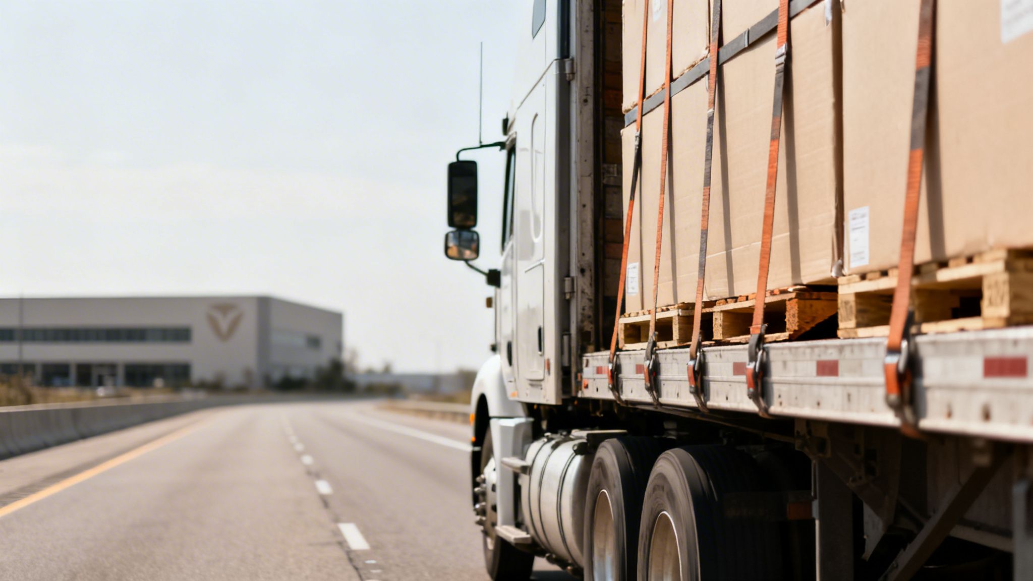 A semi-truck loaded with cardboard boxes on pallets secured by orange straps drives on a highway.