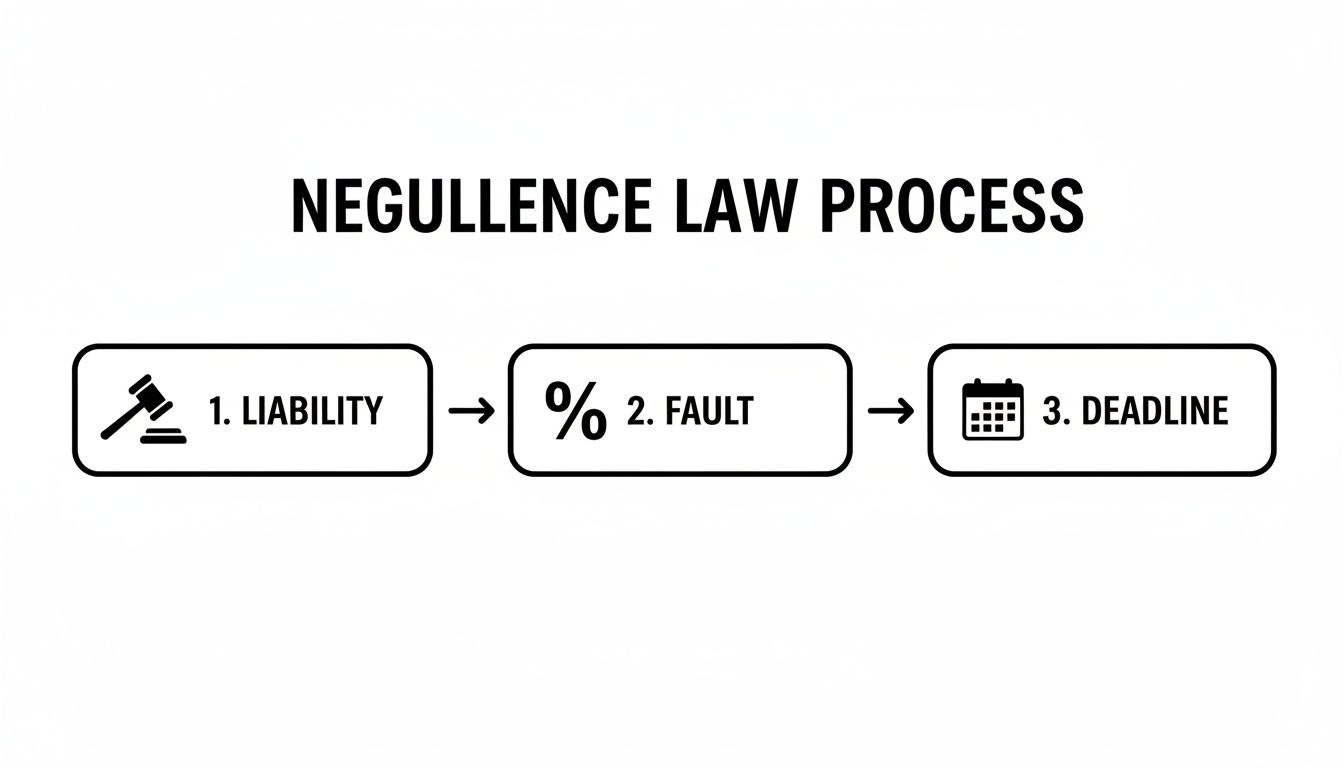 Flowchart illustrating the negligence law process, detailing steps for liability, fault, and deadline.