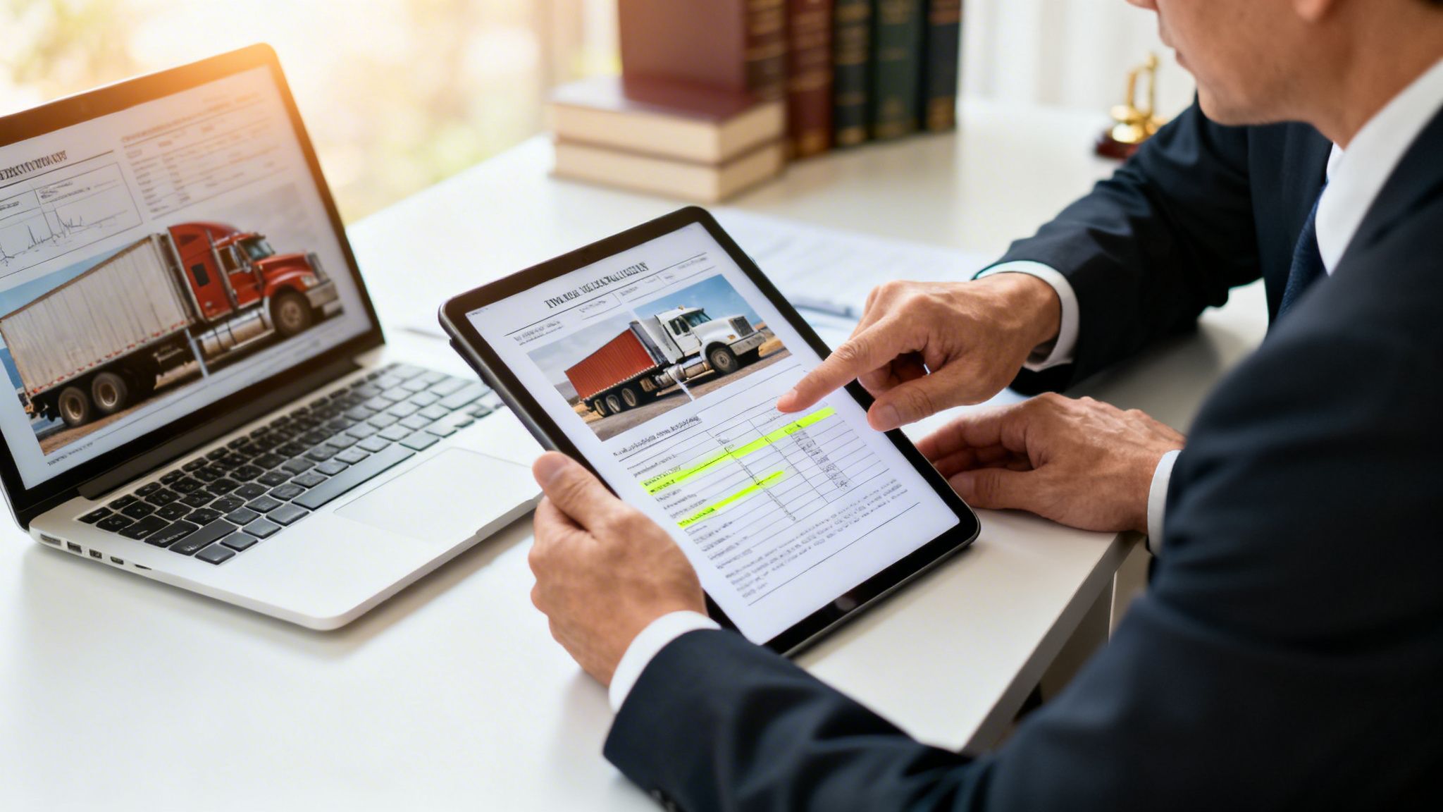 Two men in suits reviewing truck accident settlement documents on a tablet and laptop, focusing on details.