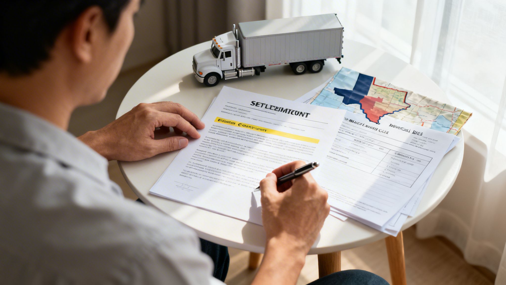 A man signs settlement documents at a table with a model truck and map.