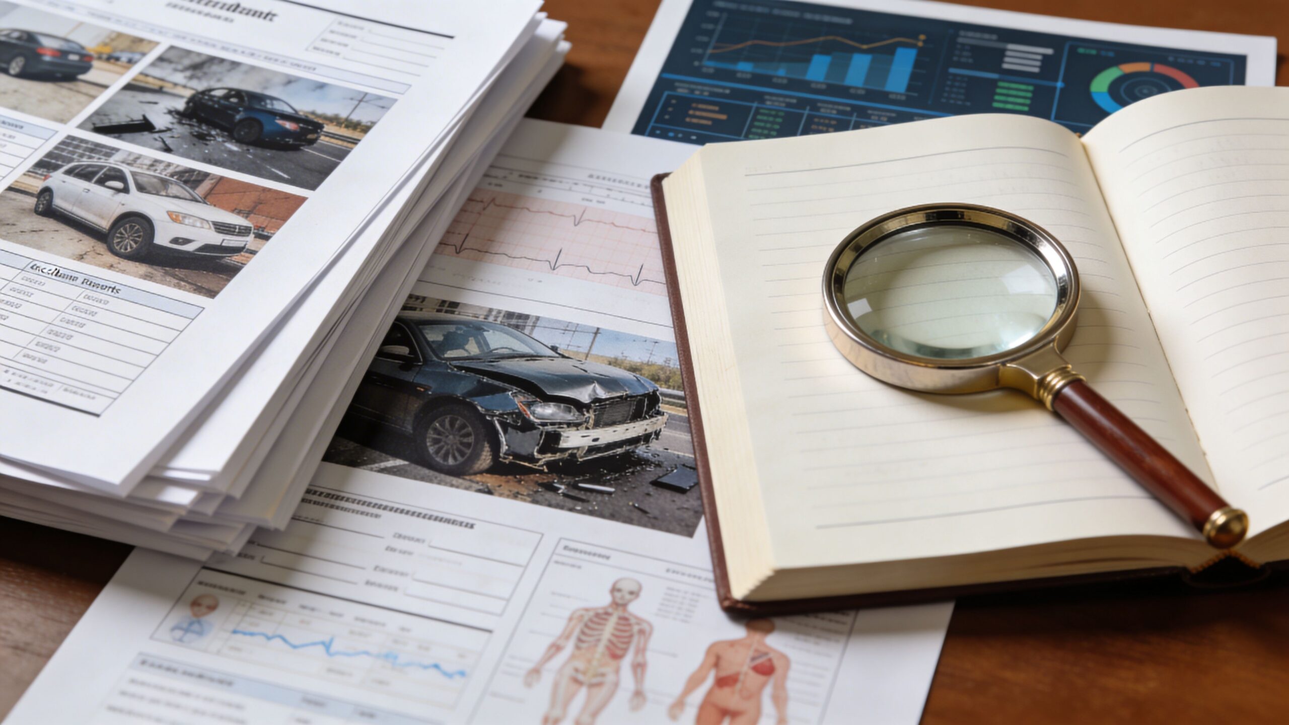 A magnifying glass resting on an open notebook surrounded by car accident documents and medical reports.