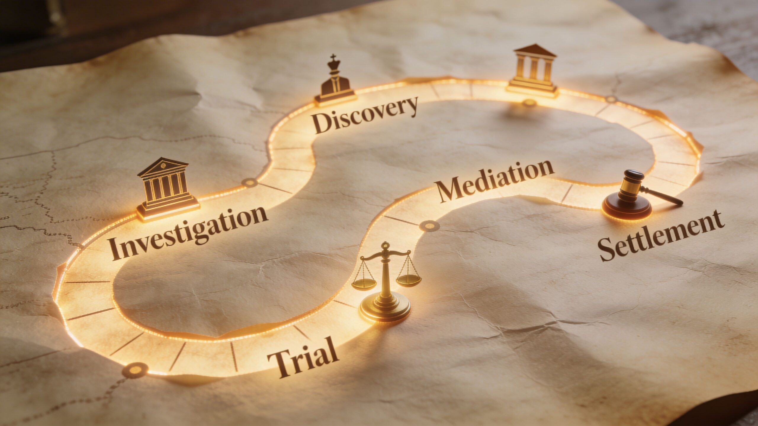 A conceptual path on parchment showing the stages of a legal process from investigation to settlement.