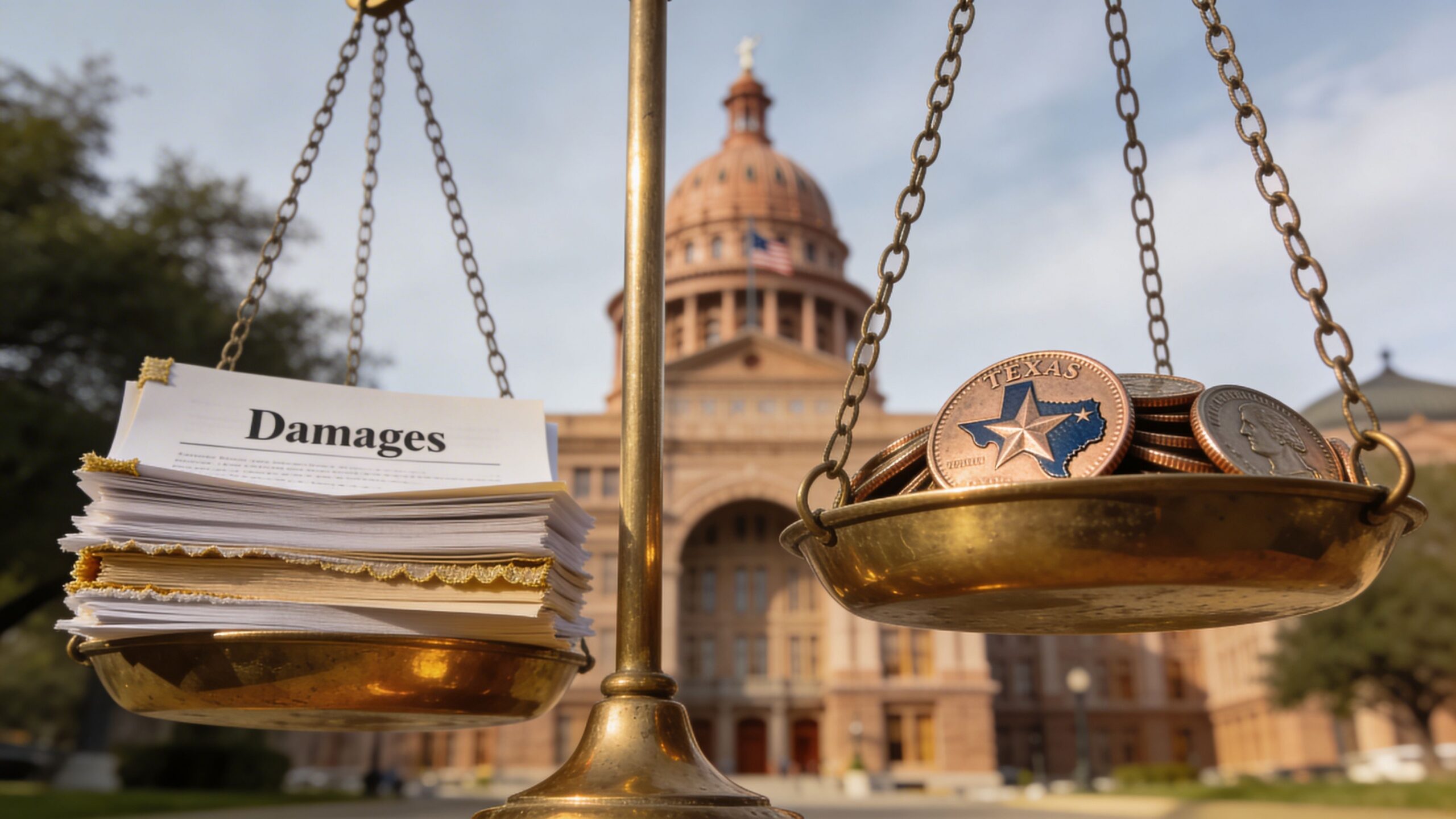 A conceptual image of legal scales balancing a stack of documents labeled Damages against a bowl of coins.