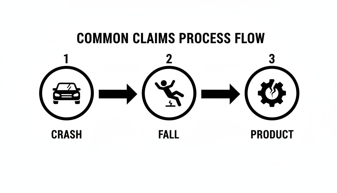 Flowchart showing common claims process with icons for crash, fall, and product issues.