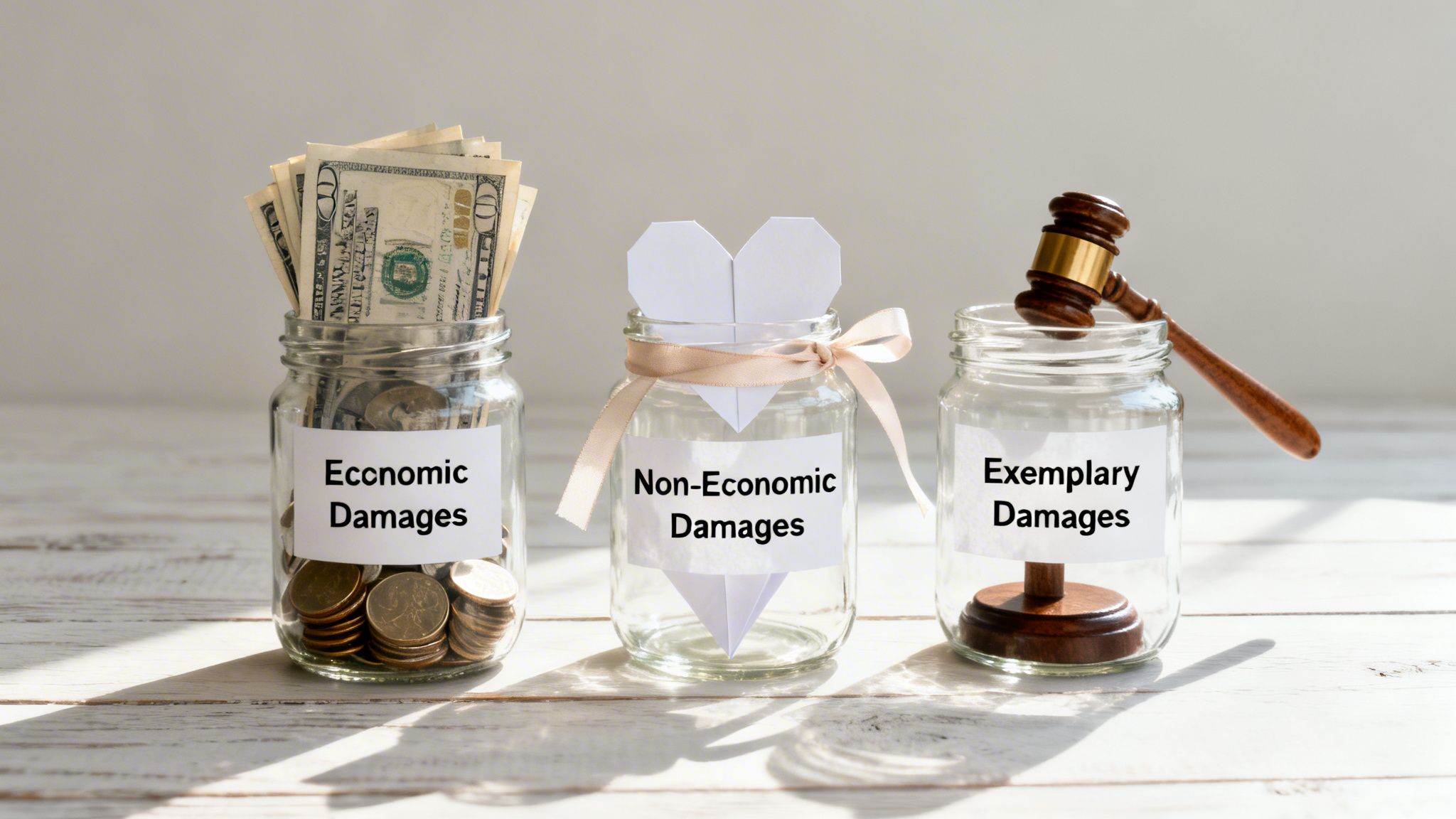 Three jars illustrating types of damages: money for economic, heart for non-economic, and gavel for exemplary.