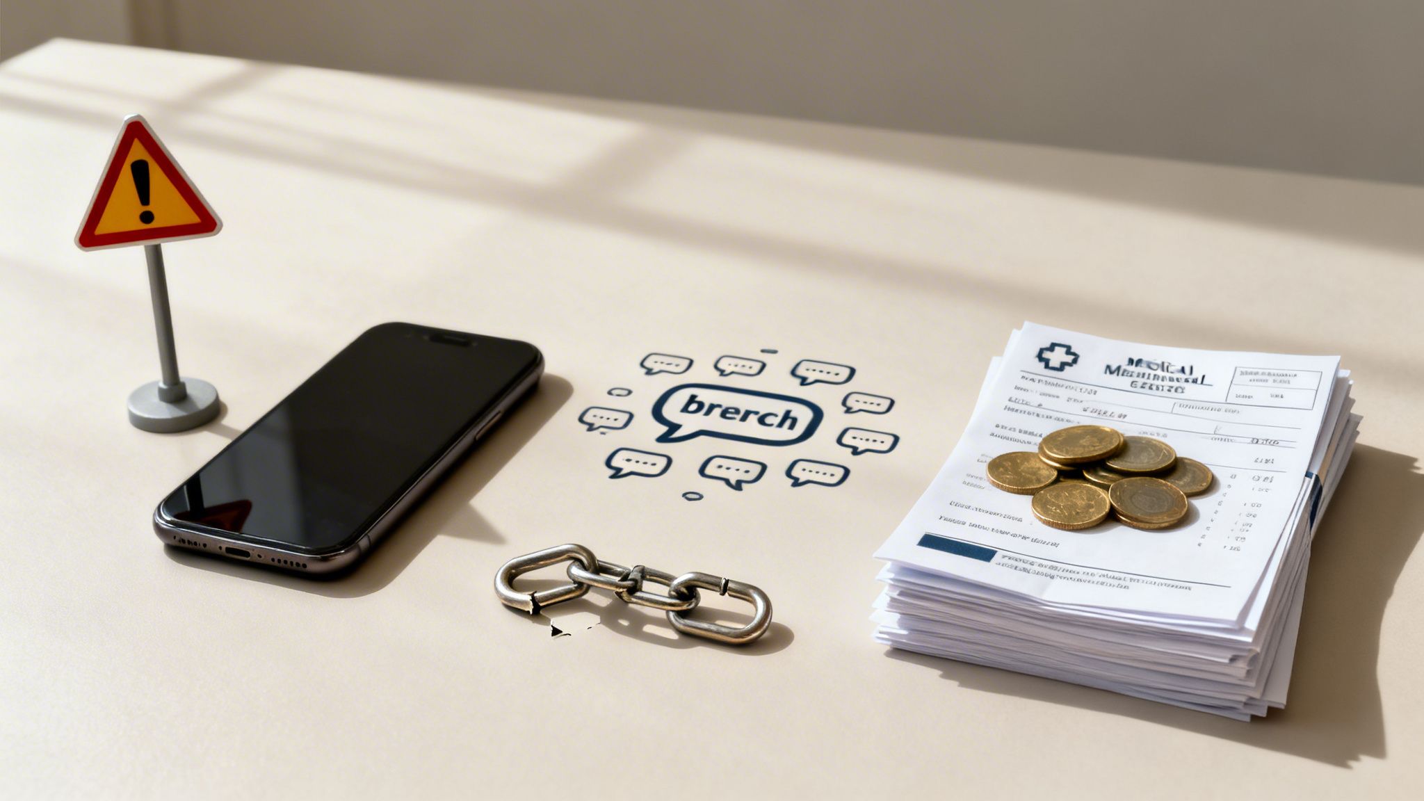 A warning sign, smartphone, broken chain, and medical bills with coins, depicting a security breach.
