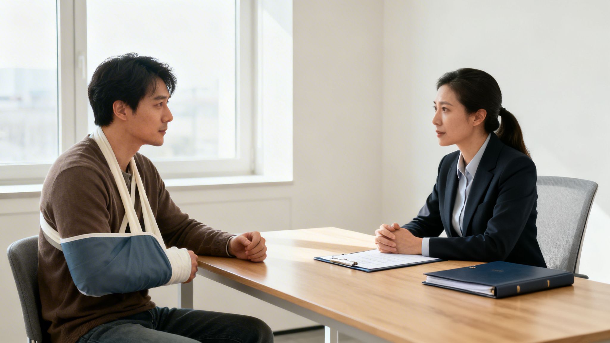 An injured man in an arm sling consults with a female lawyer at a table.
