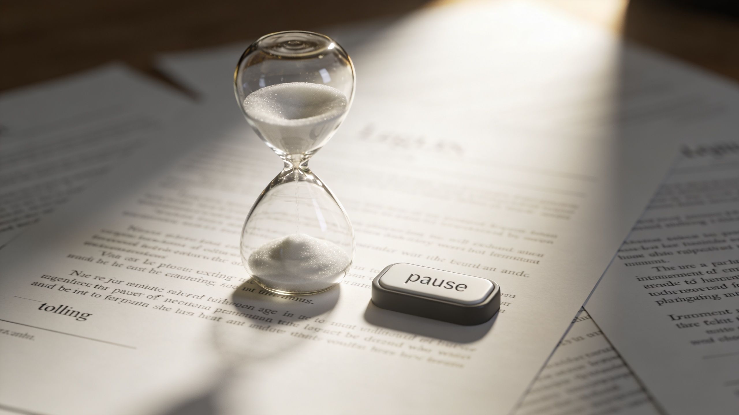 An hourglass resting on legal documents next to a button labeled pause, representing litigation delays.