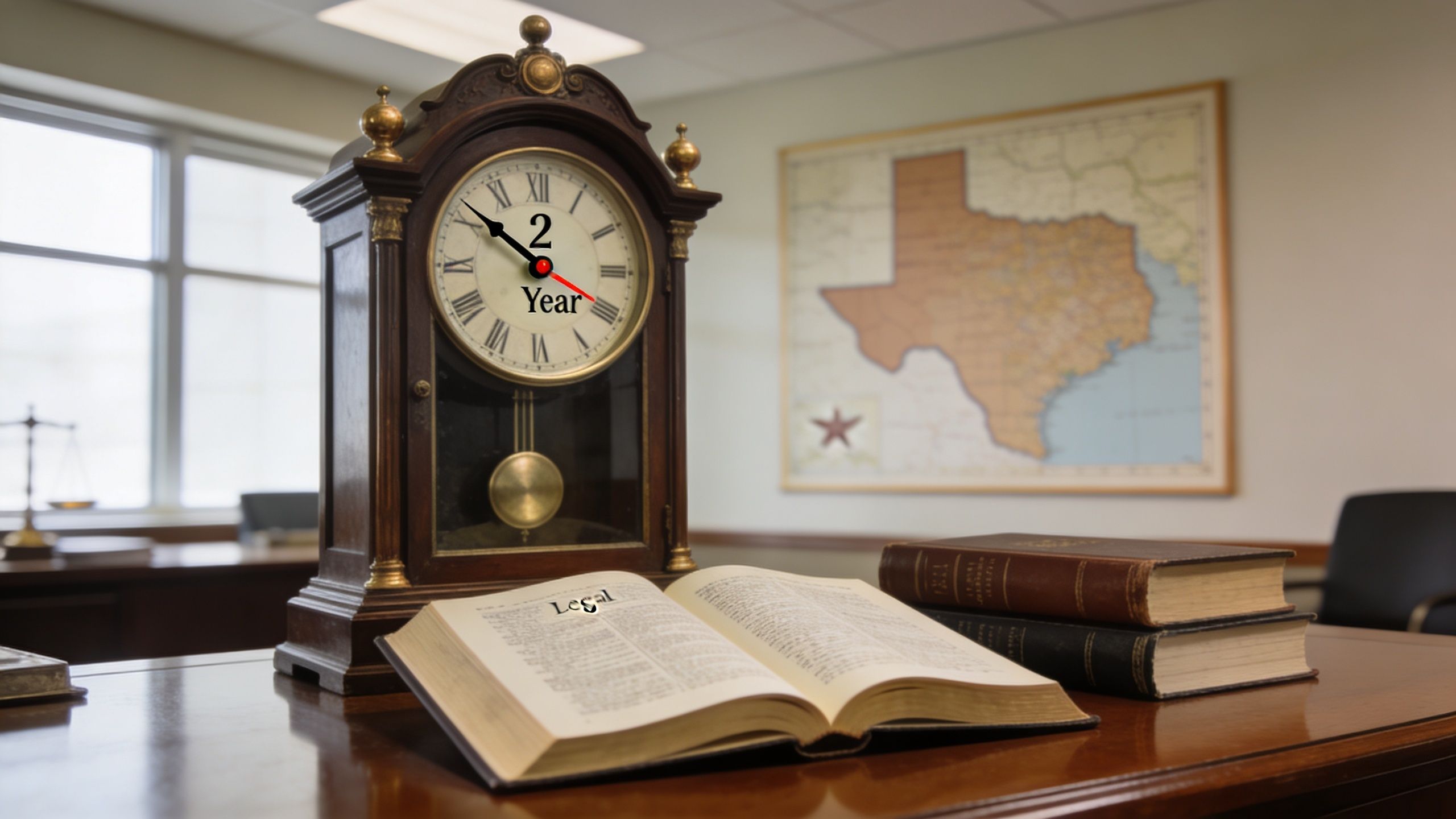 A wooden clock and legal books on a desk with a map of Texas in the background.