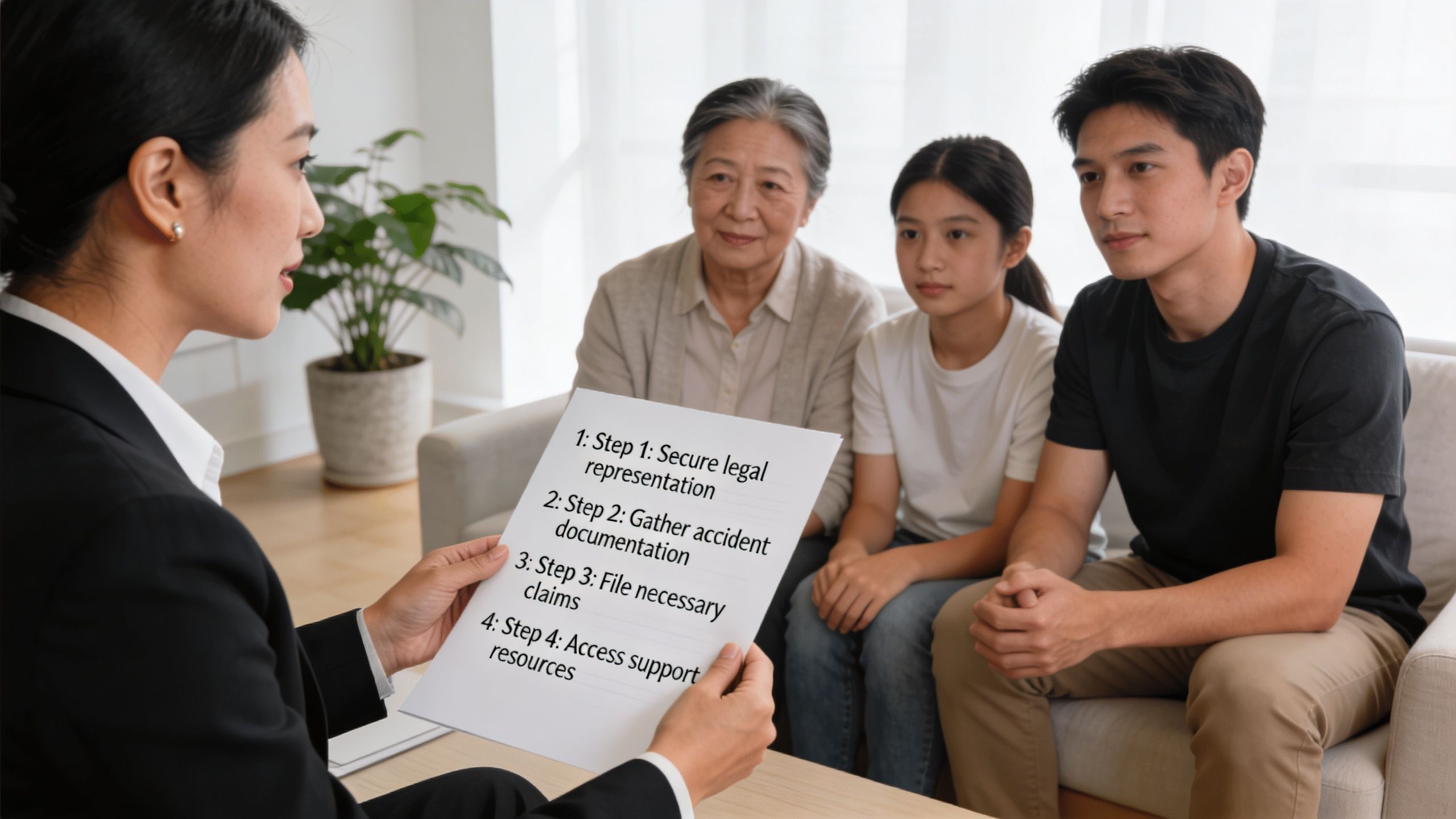 A professional lawyer explaining legal steps for a wrongful death case to a grieving family.