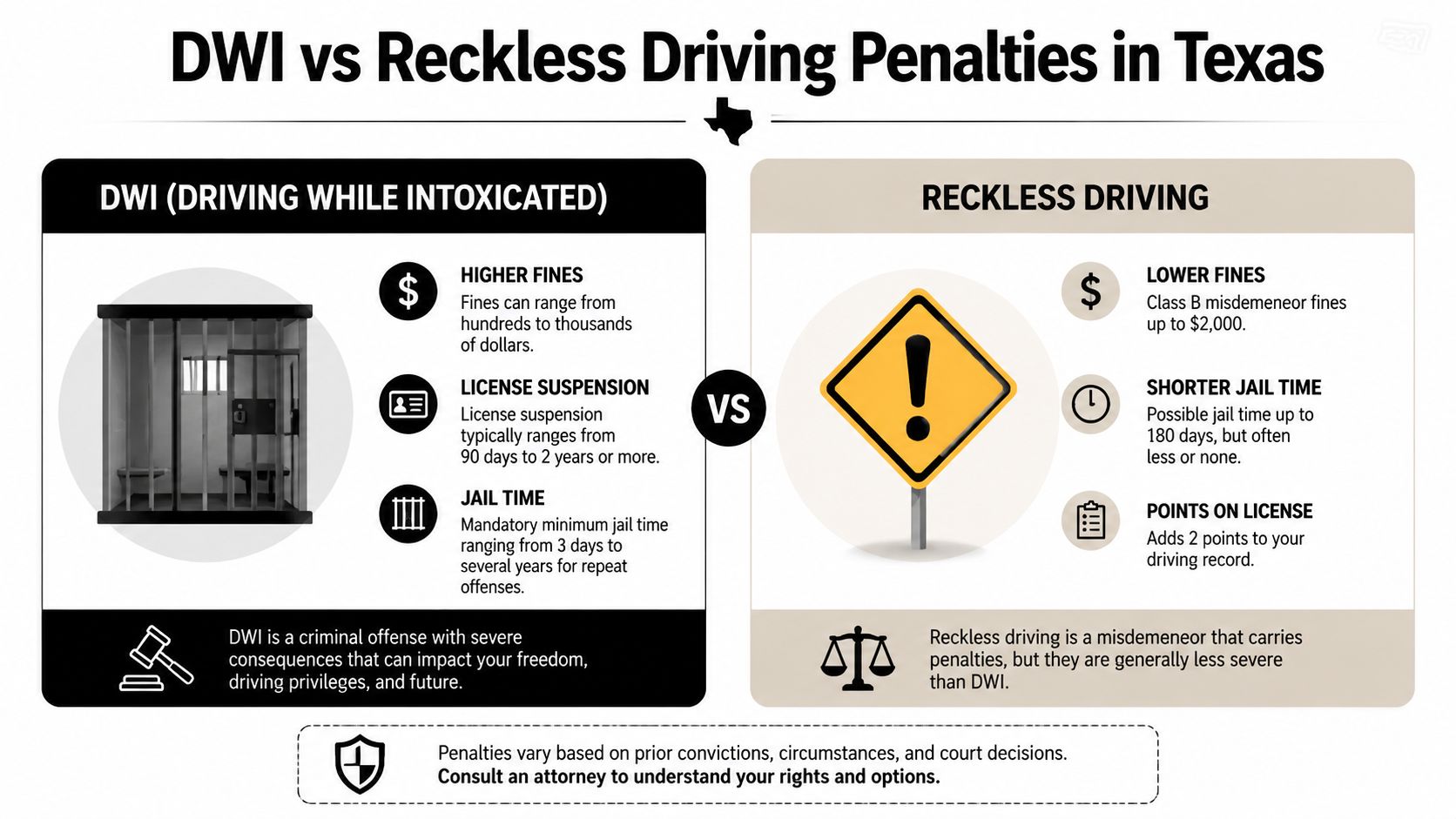 A comparison chart outlining the differences in penalties for DWI and reckless driving charges in Texas.