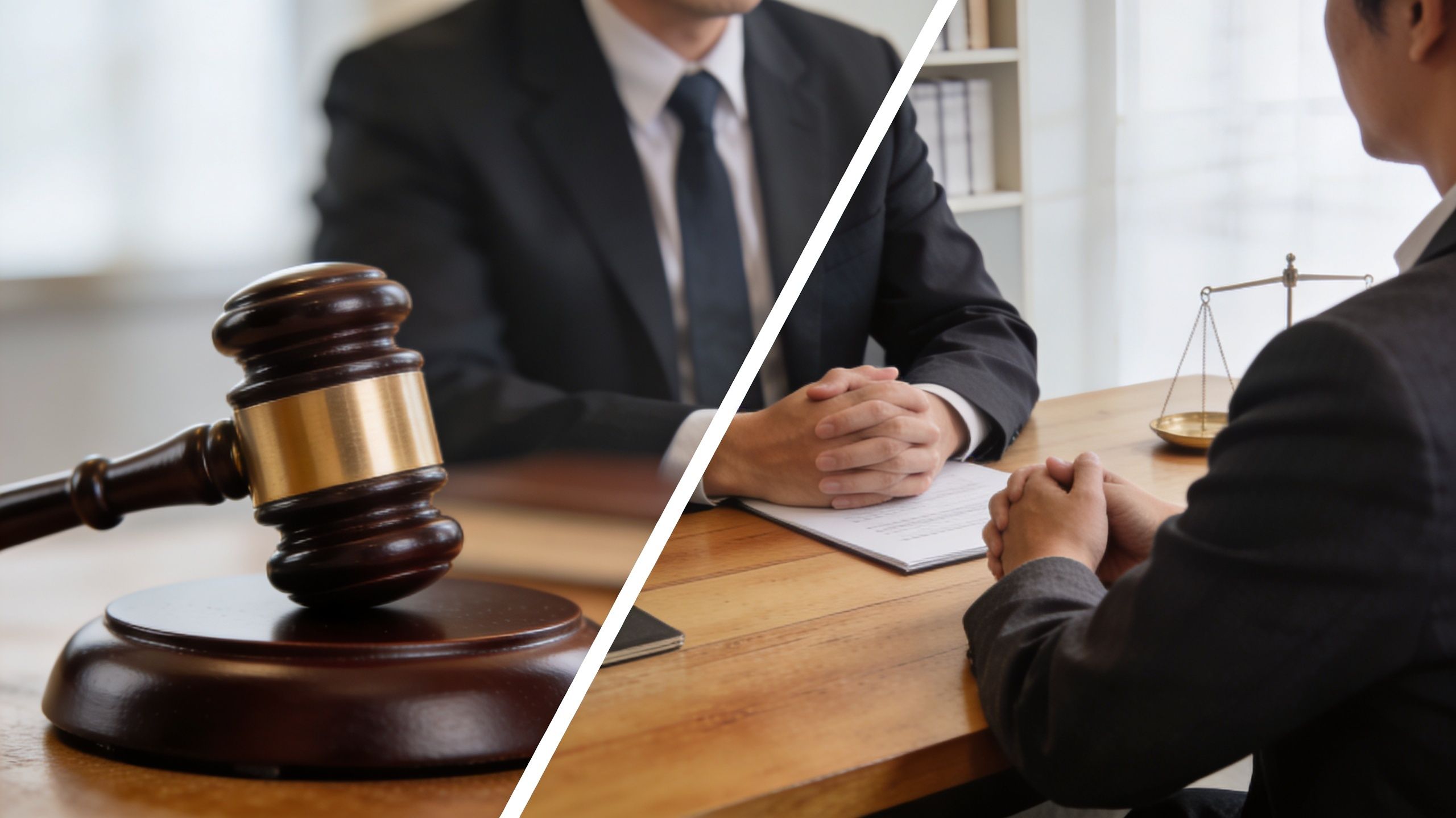 A gavel resting on a table next to a lawyer consulting with a client in an office.
