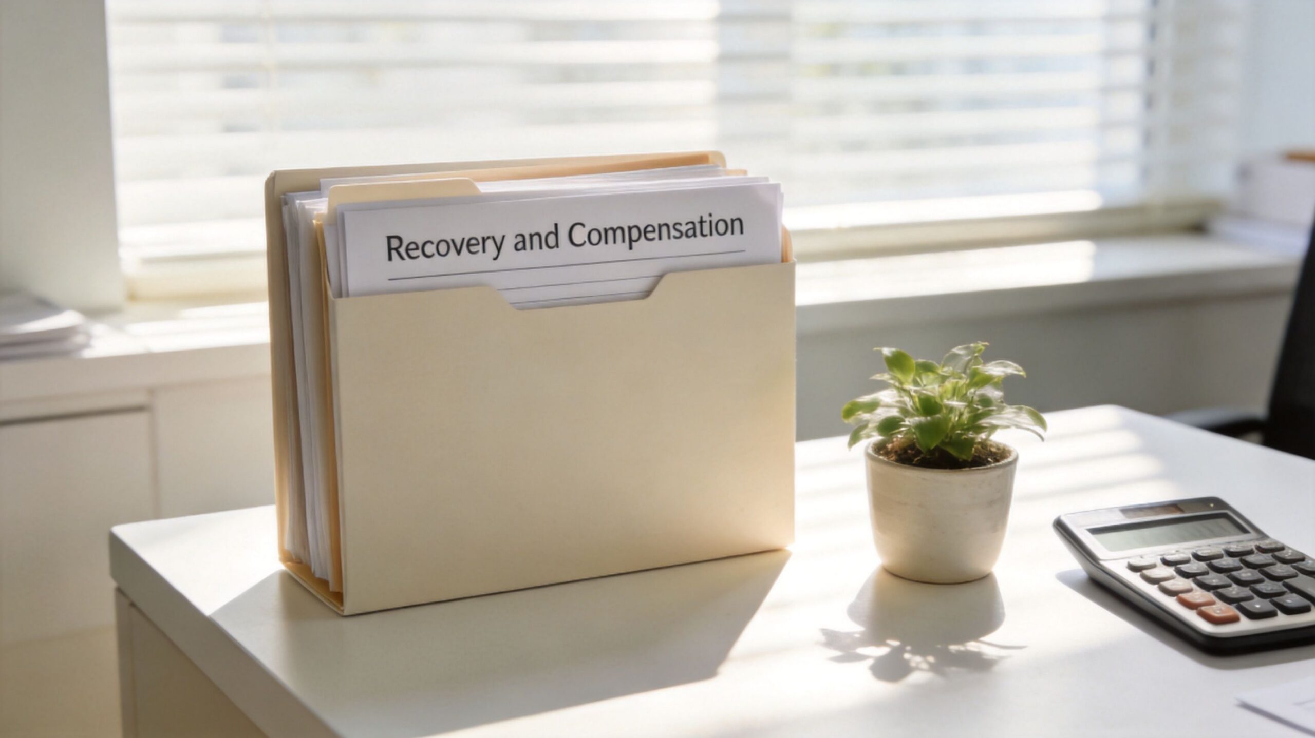 A beige file folder labeled Recovery and Compensation sitting on a desk with a plant and calculator.