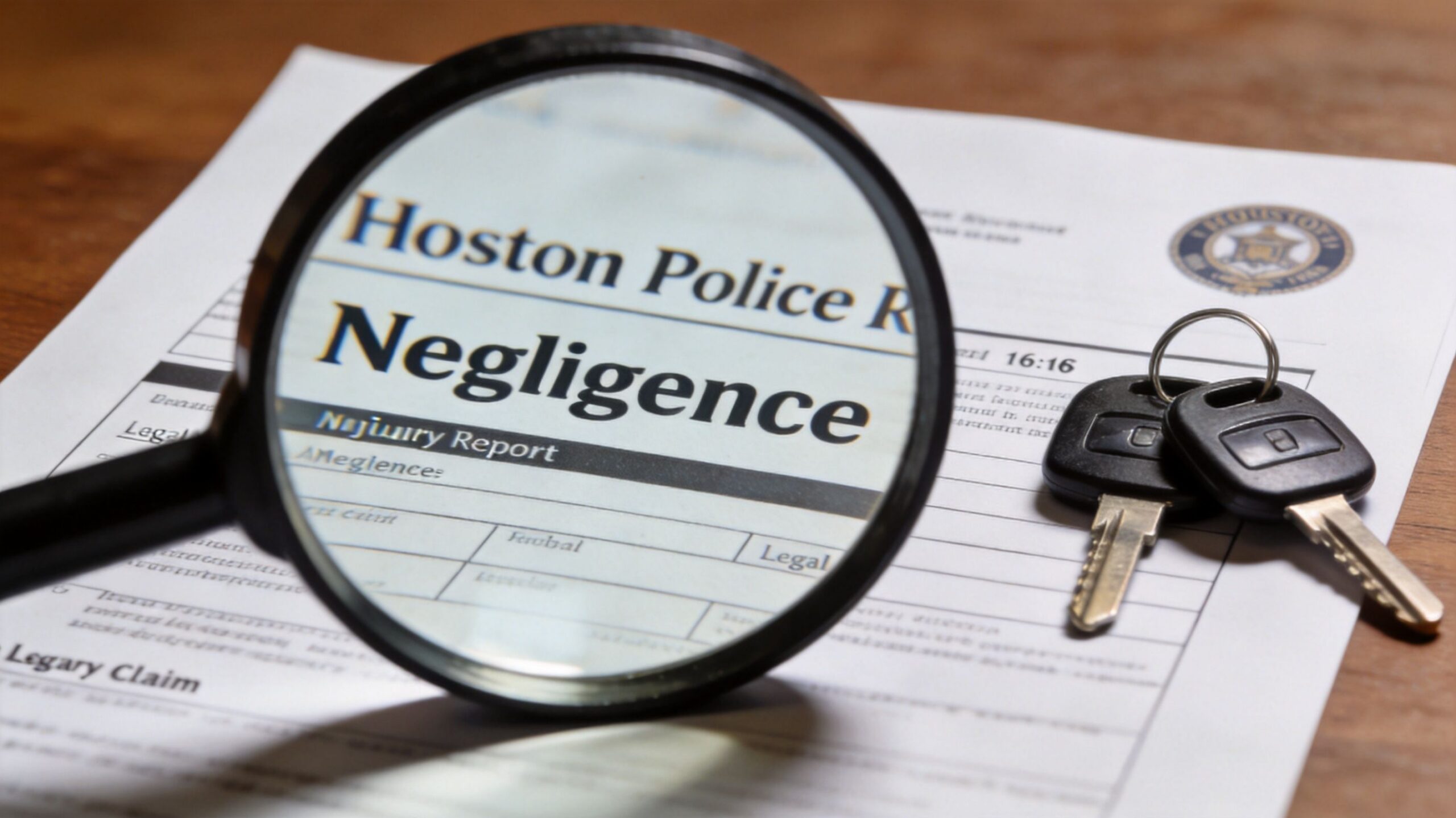 A magnifying glass focusing on a legal document titled Negligence alongside a set of car keys.