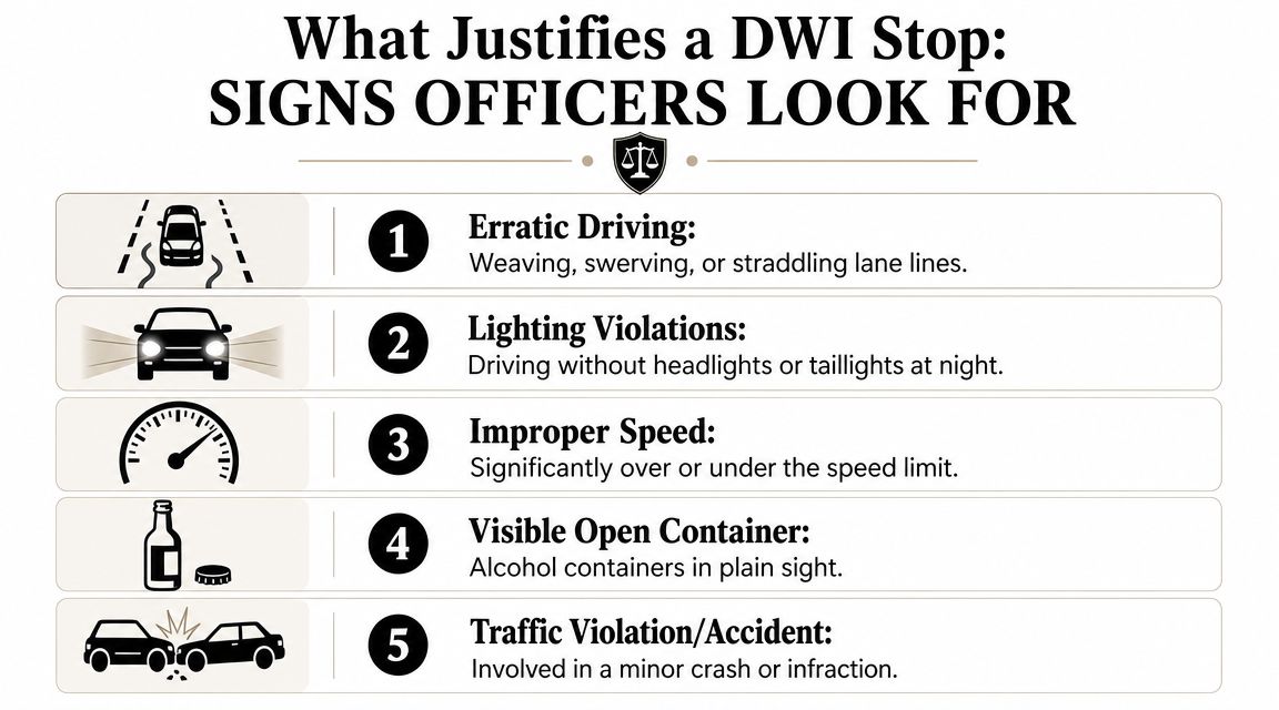 An infographic showing five common reasons police may initiate a DWI stop for drivers.